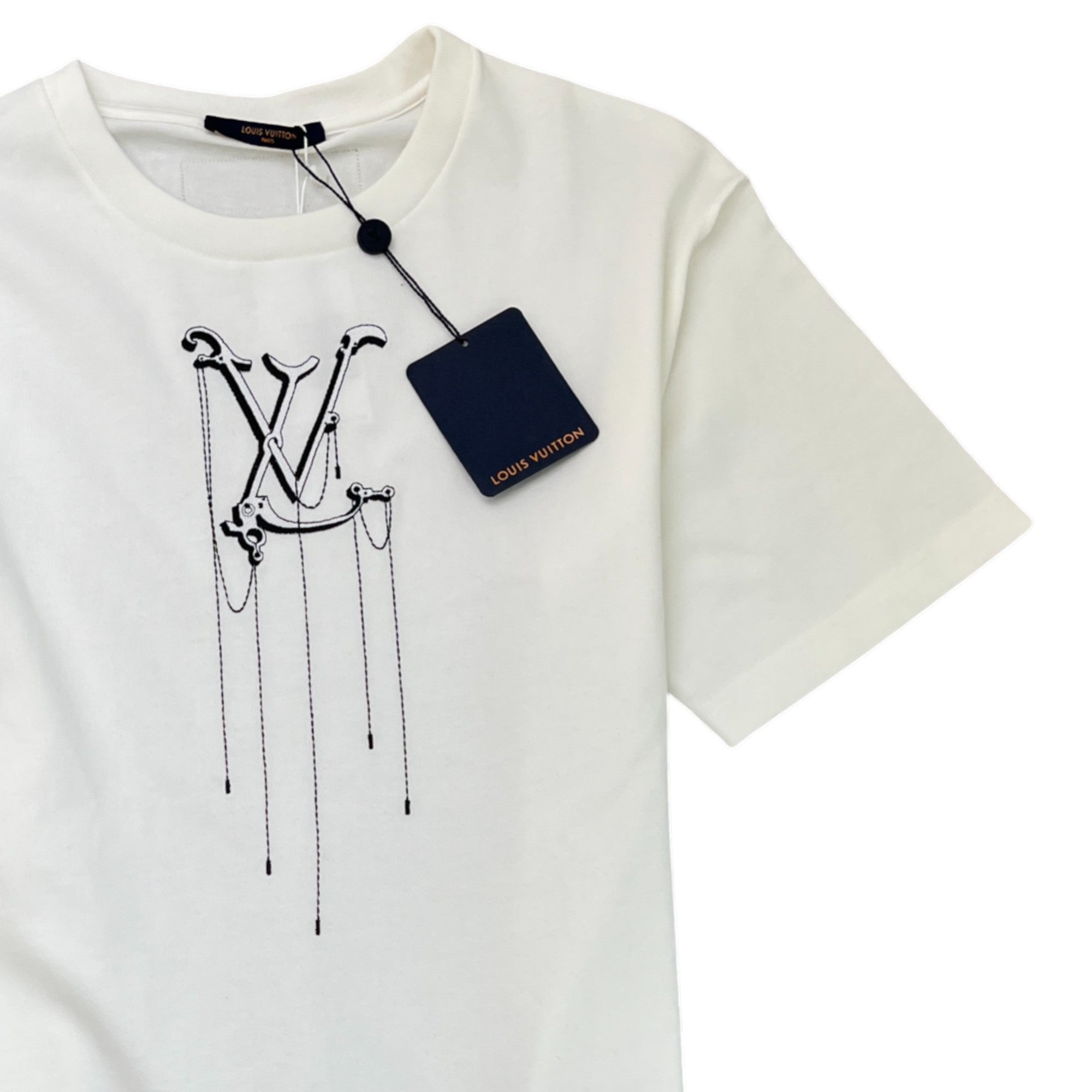 Men's Lv Embroidered Pendant Logo T-Shirt White Size L