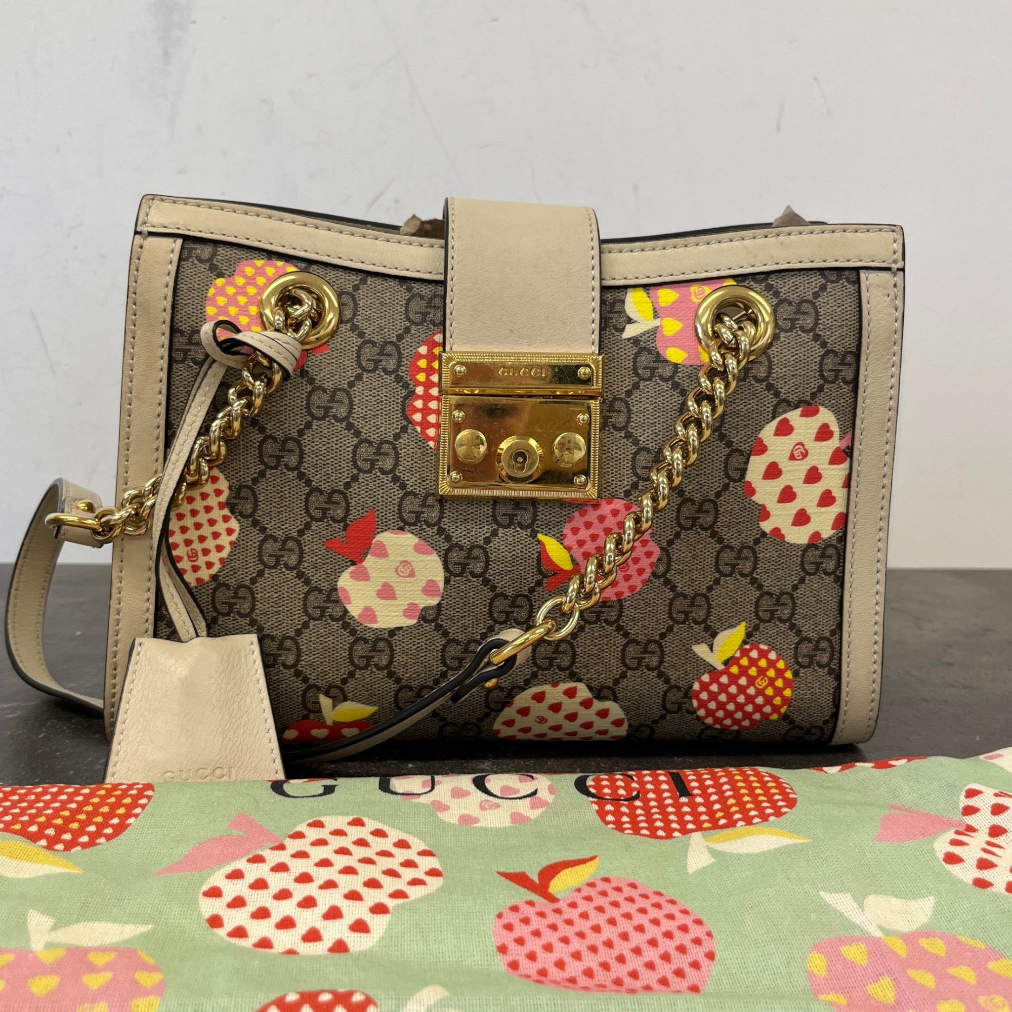 Women's Small Gg Supreme Apple Heart Padlock Tote Bag Beige