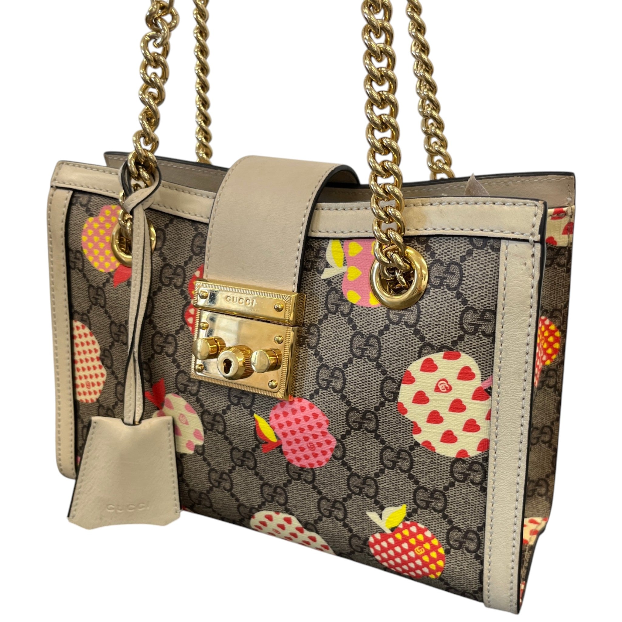 Women's Small Gg Supreme Apple Heart Padlock Tote Bag Beige