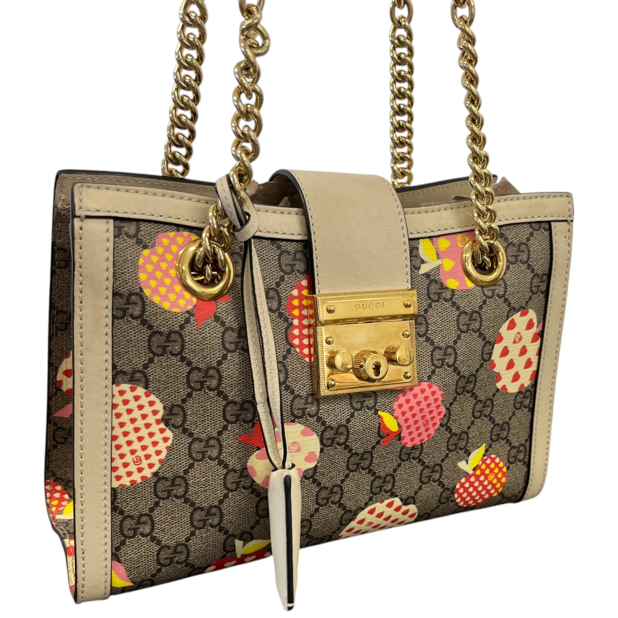 Women's Small Gg Supreme Apple Heart Padlock Tote Bag Beige