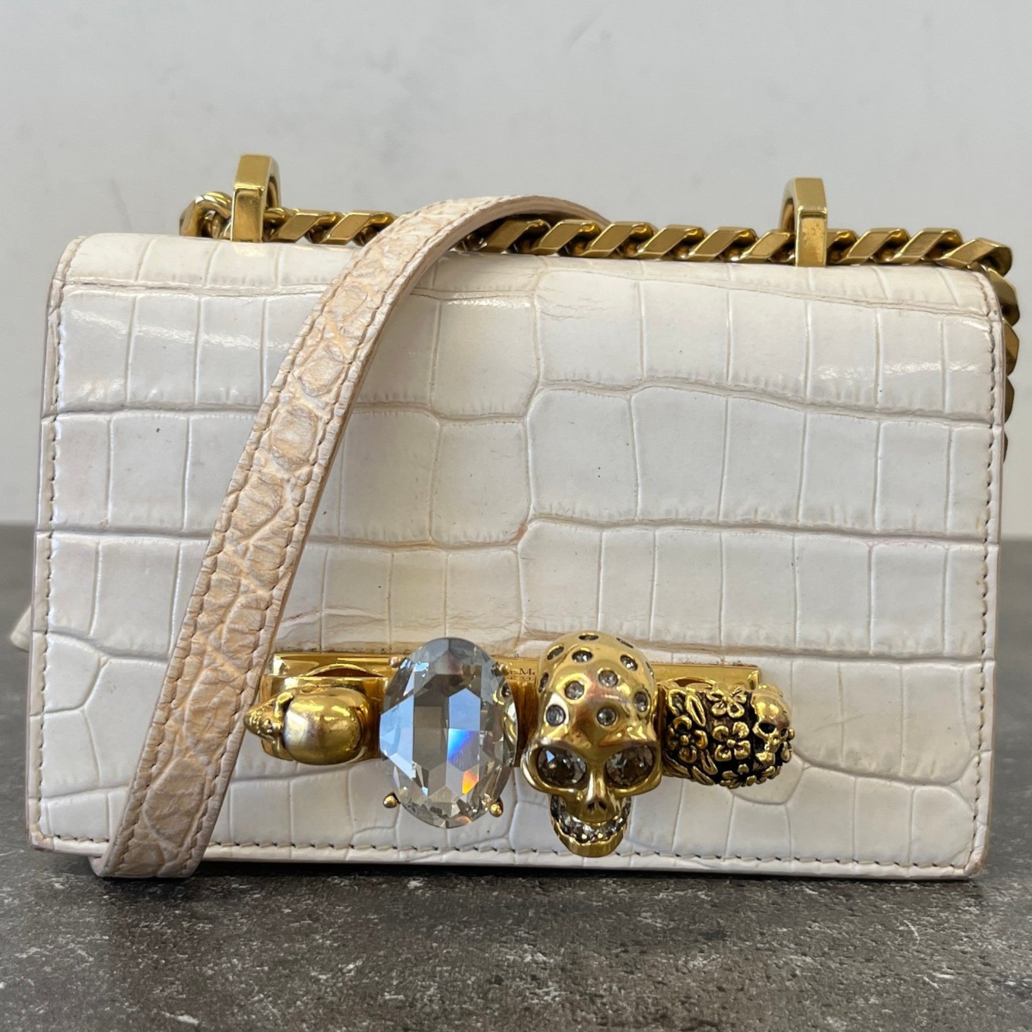 Women's Croc-Effect Mini Jewelled Bag White