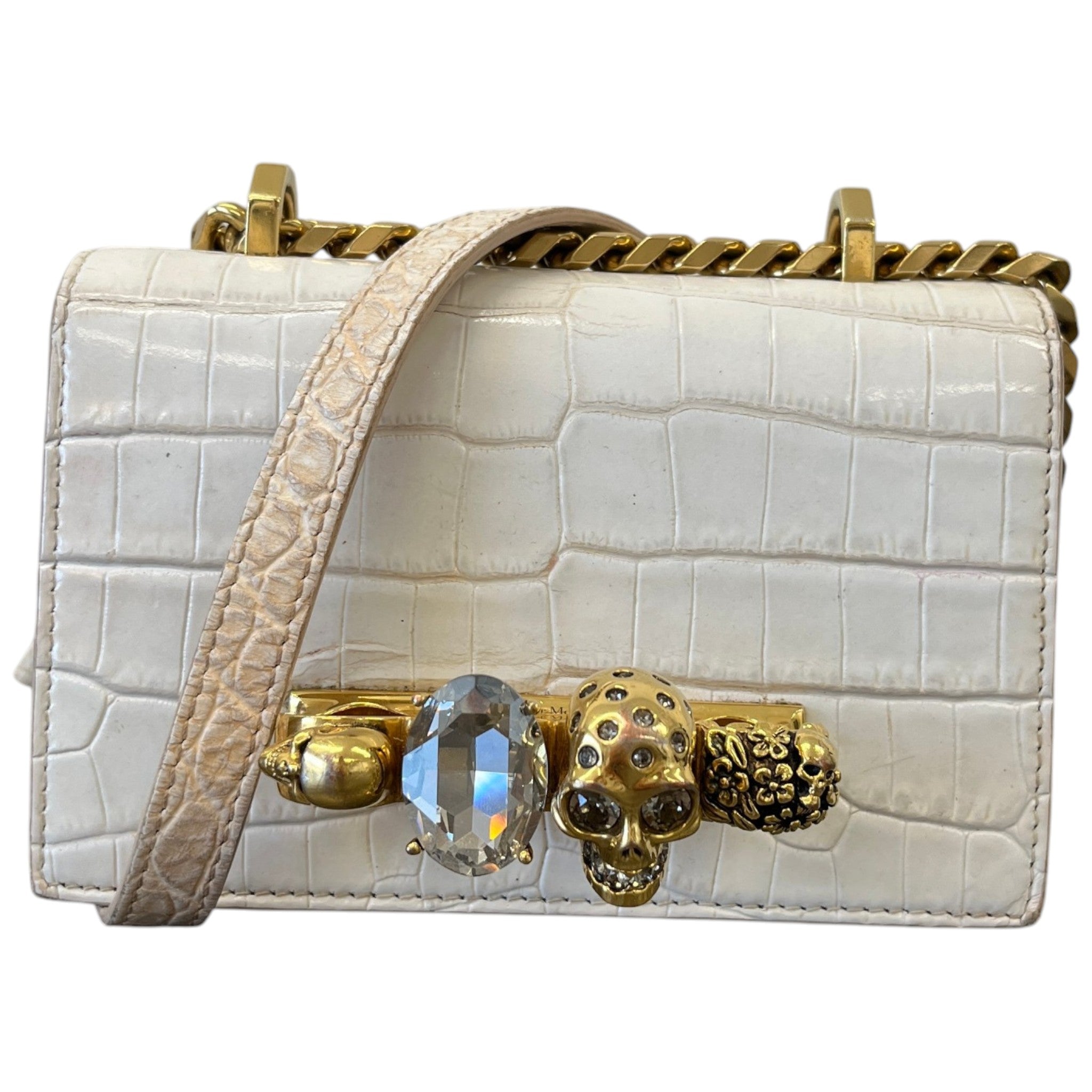 Women's Croc-Effect Mini Jewelled Bag White