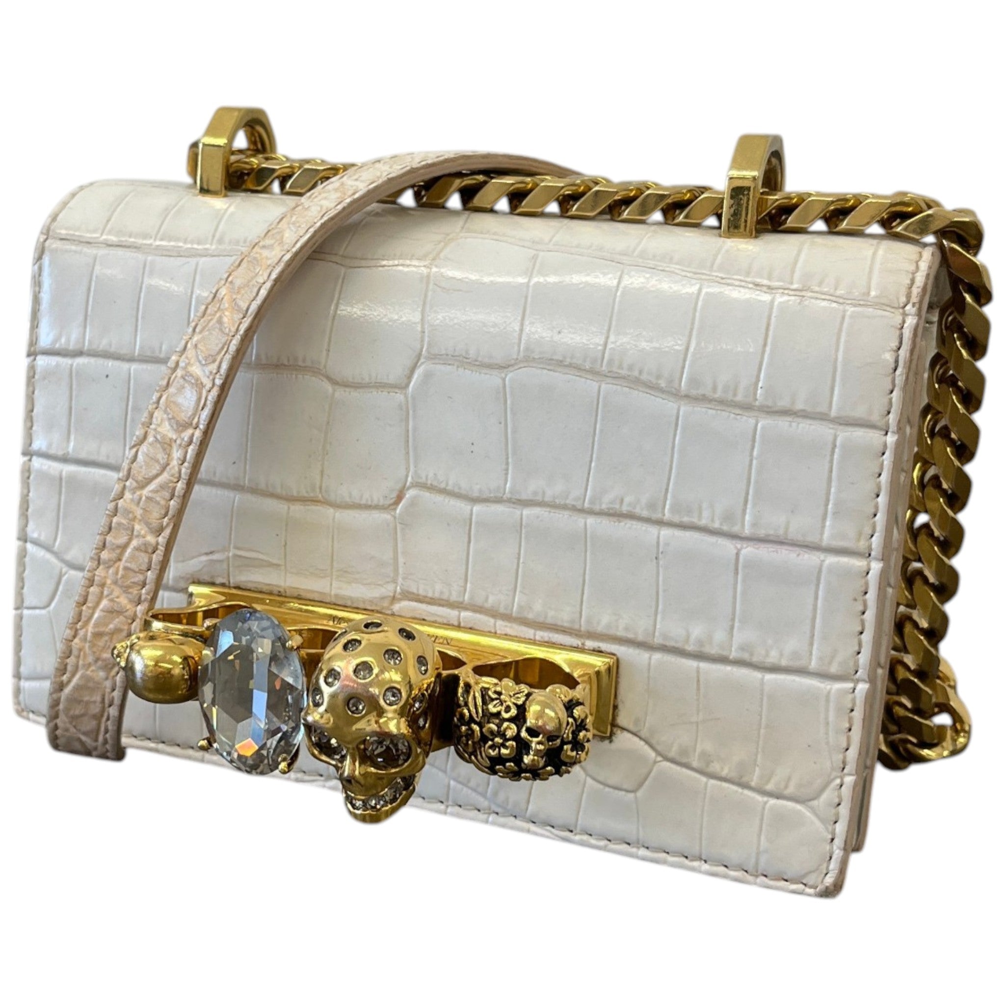 Women's Croc-Effect Mini Jewelled Bag White
