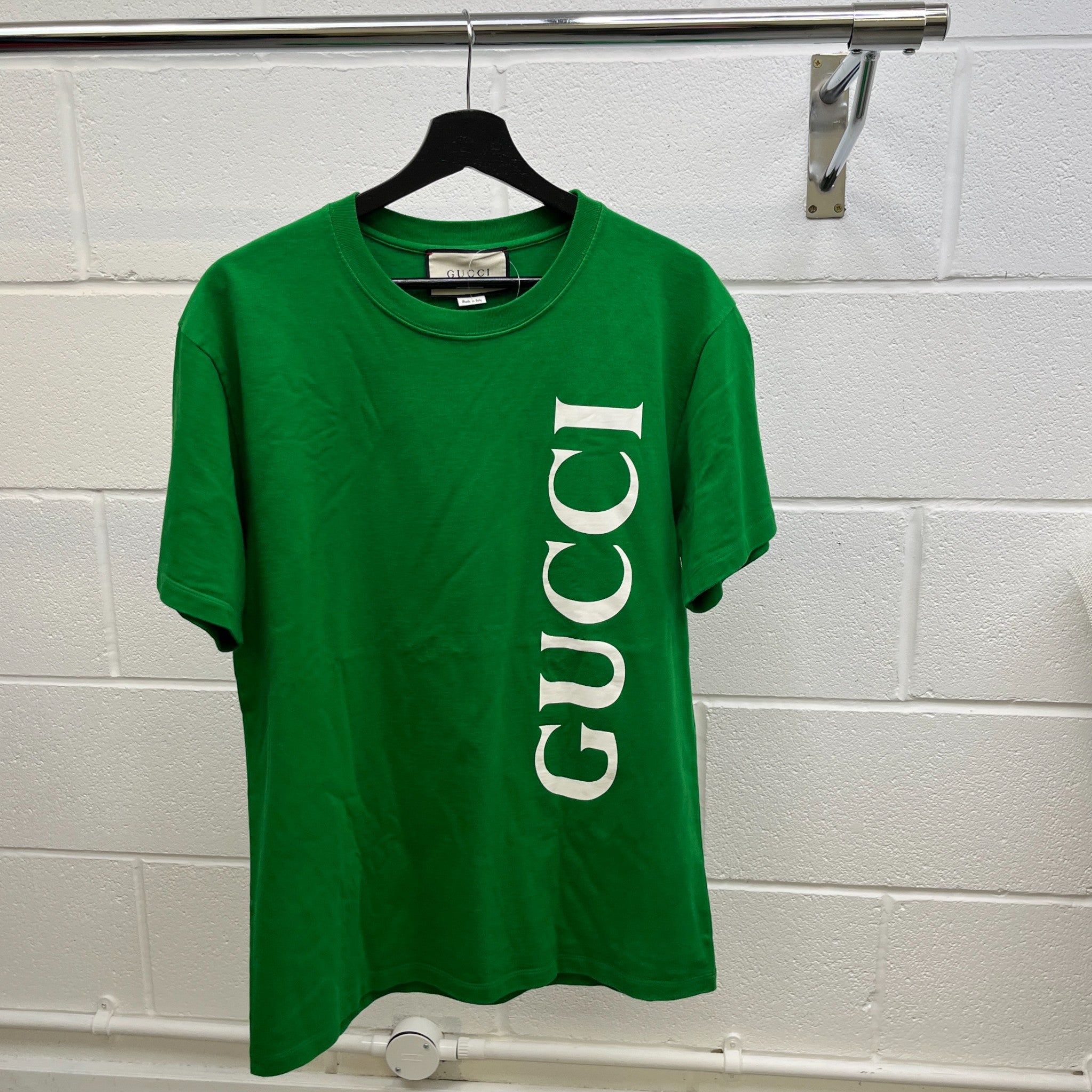 Men's Vertical Logo Print T-Shirt Green Size XS