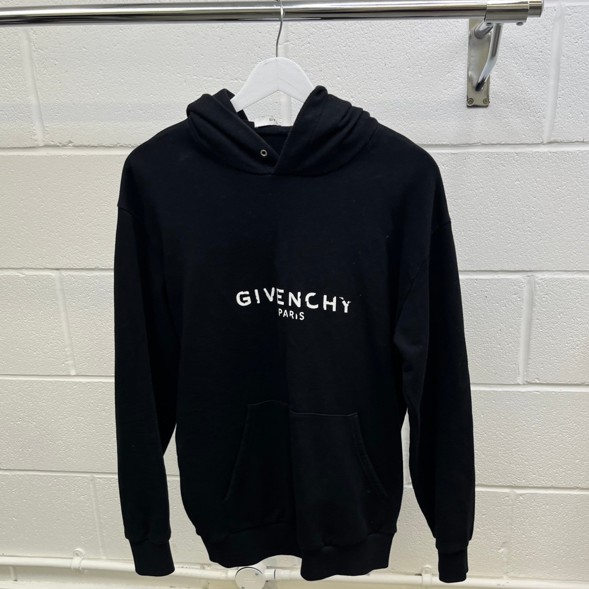 Men's Distressed Logo Print Hoodie Black Size XS