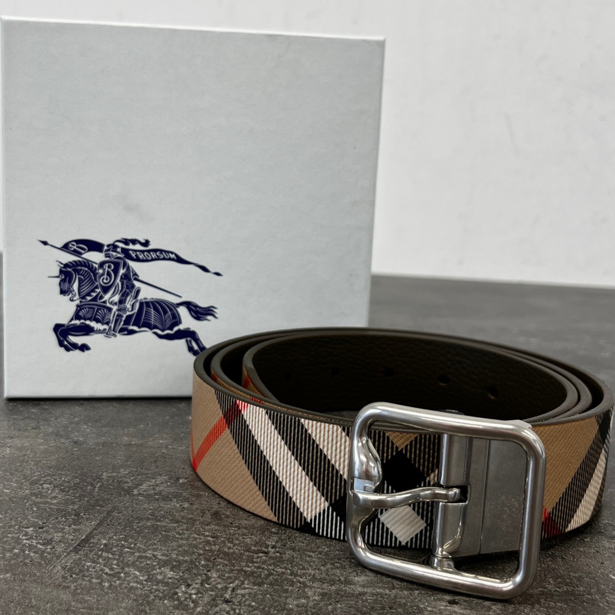 Men's Reversible Check B Buckle Belt Brown Size Waist 36"