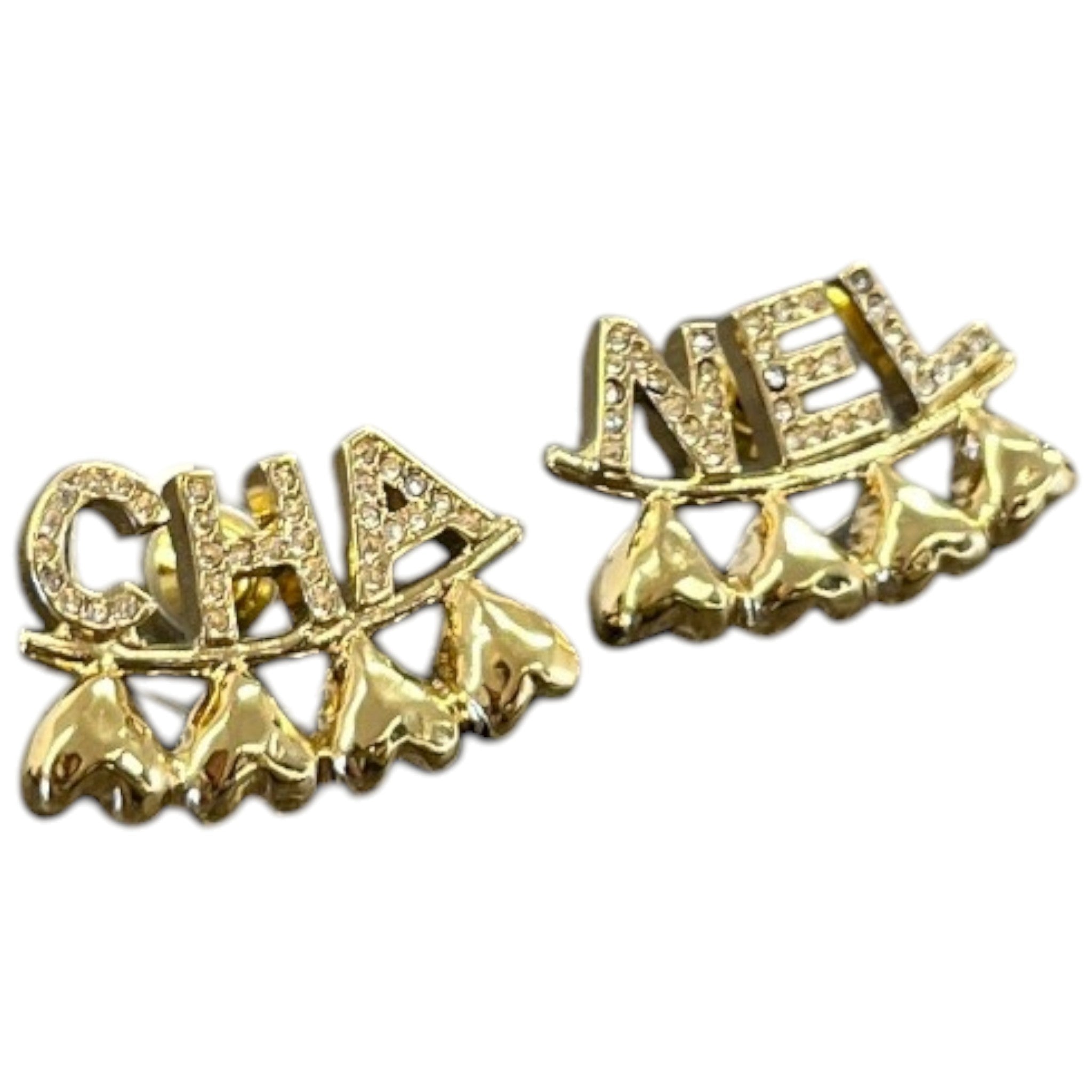 Women's Rhinestone Heart Logo Earrings Gold