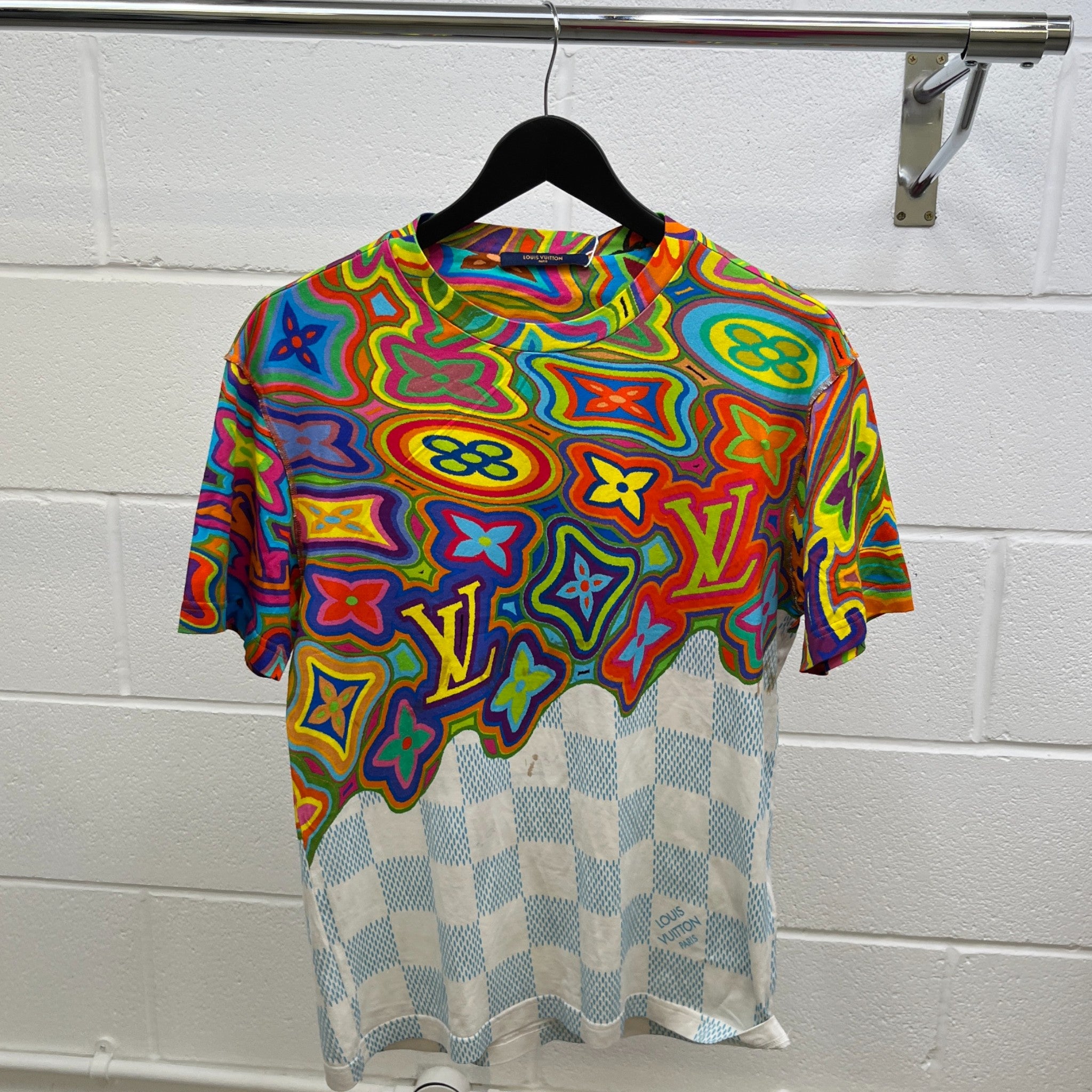 Men's Psychedelic Print Damier T-Shirt Blue Size M