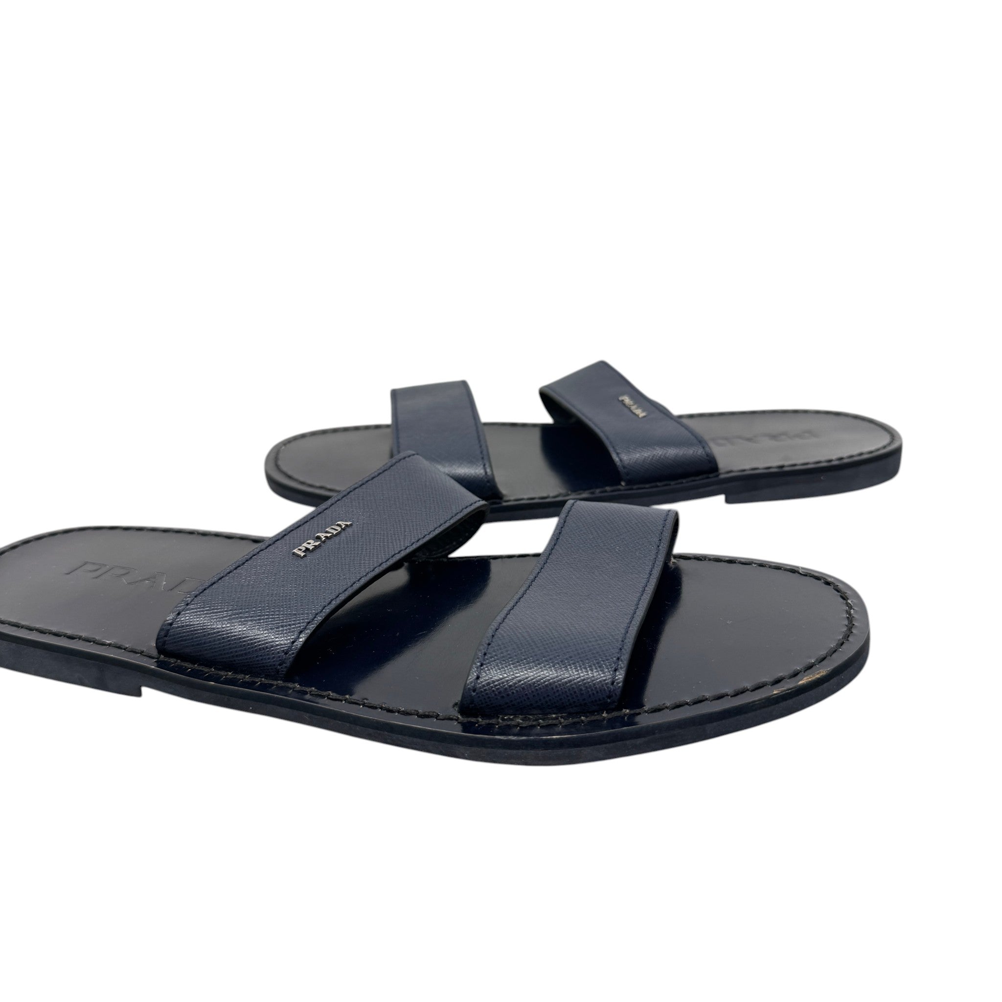 Men's Saffiano Plaque Logo Slides Navy Size EU 40 / UK 6
