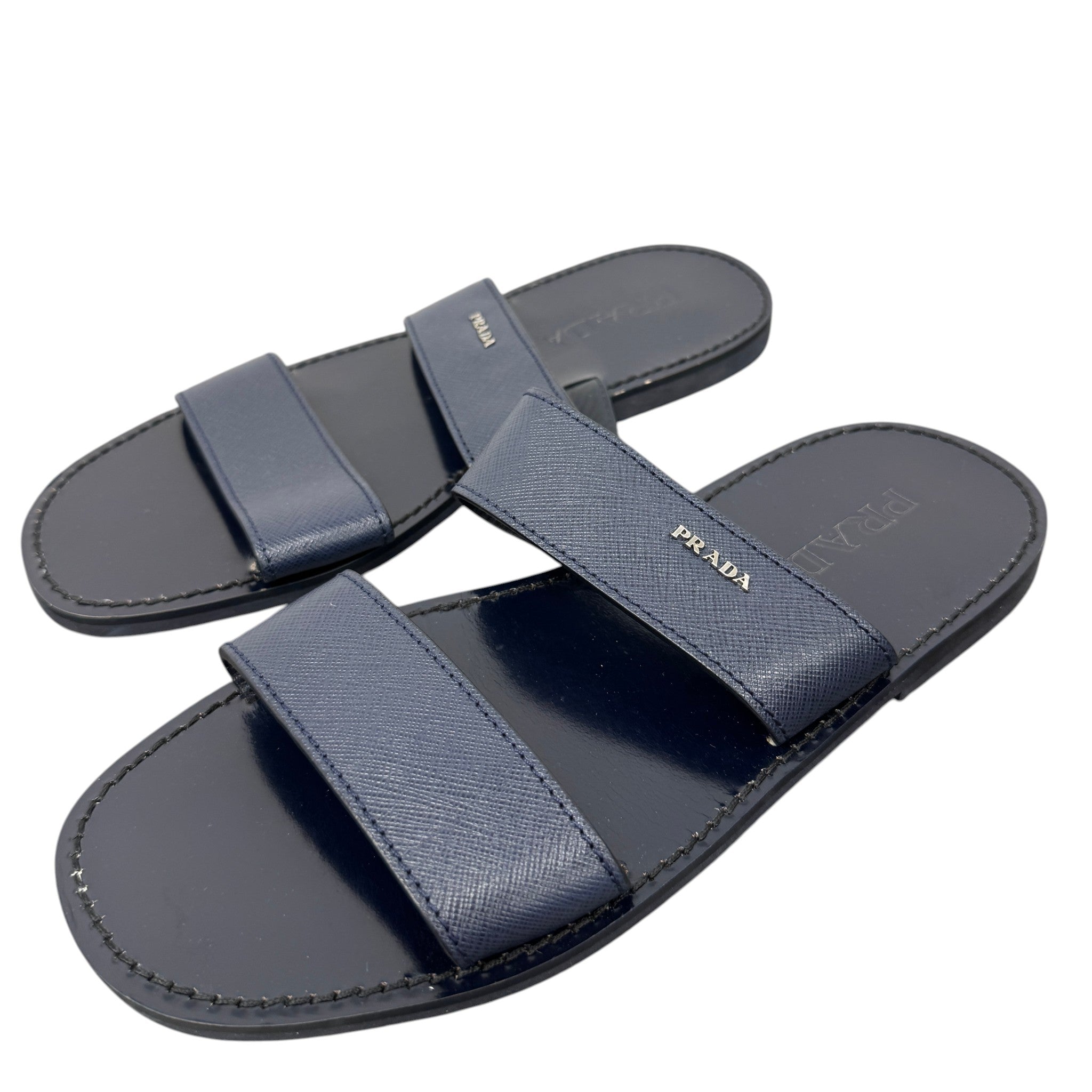 Men's Saffiano Plaque Logo Slides Navy Size EU 40 / UK 6