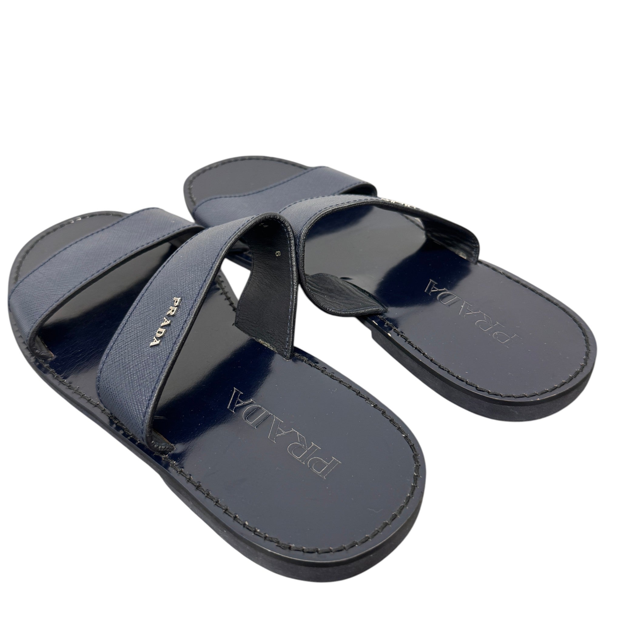 Men's Saffiano Plaque Logo Slides Navy Size EU 40 / UK 6