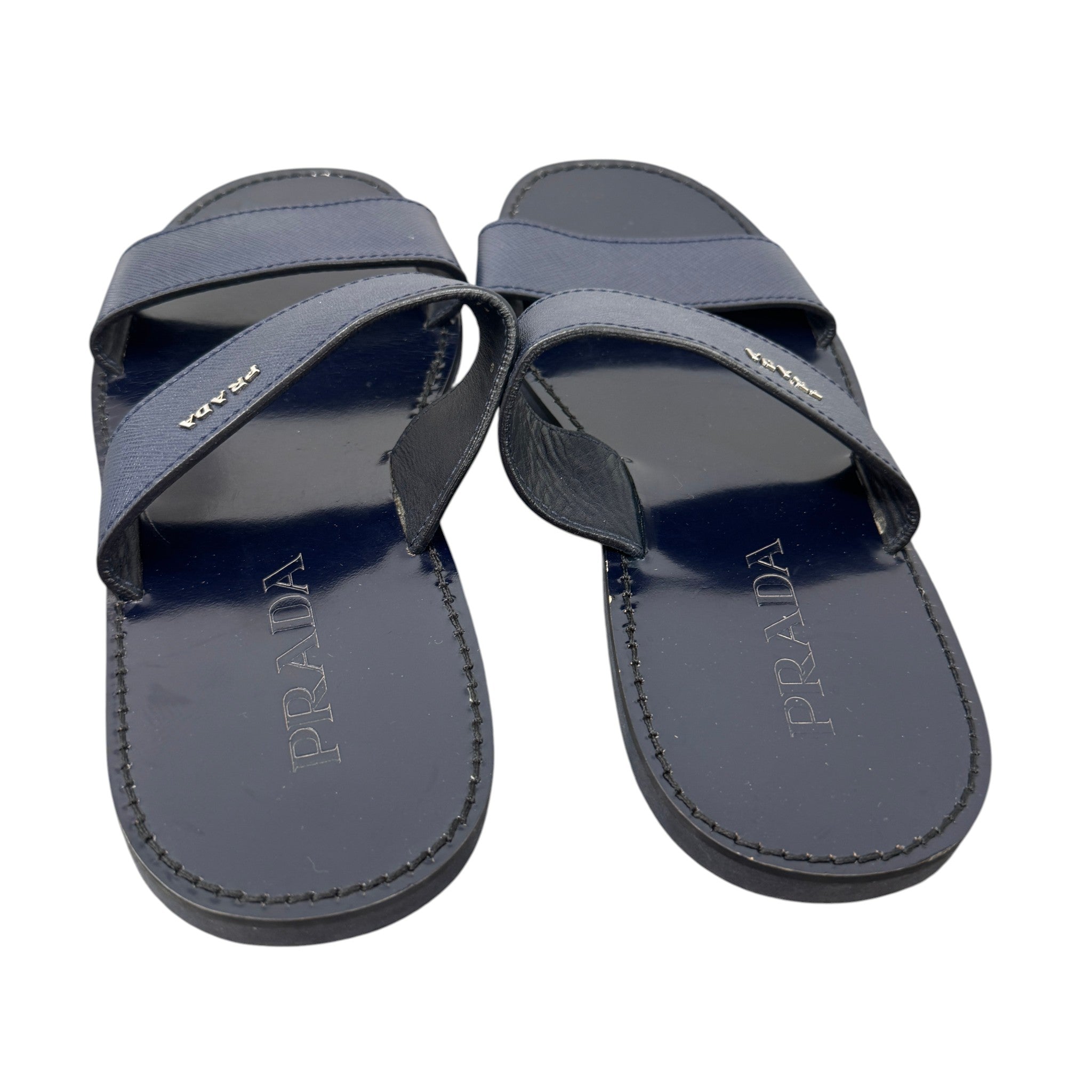 Men's Saffiano Plaque Logo Slides Navy Size EU 40 / UK 6
