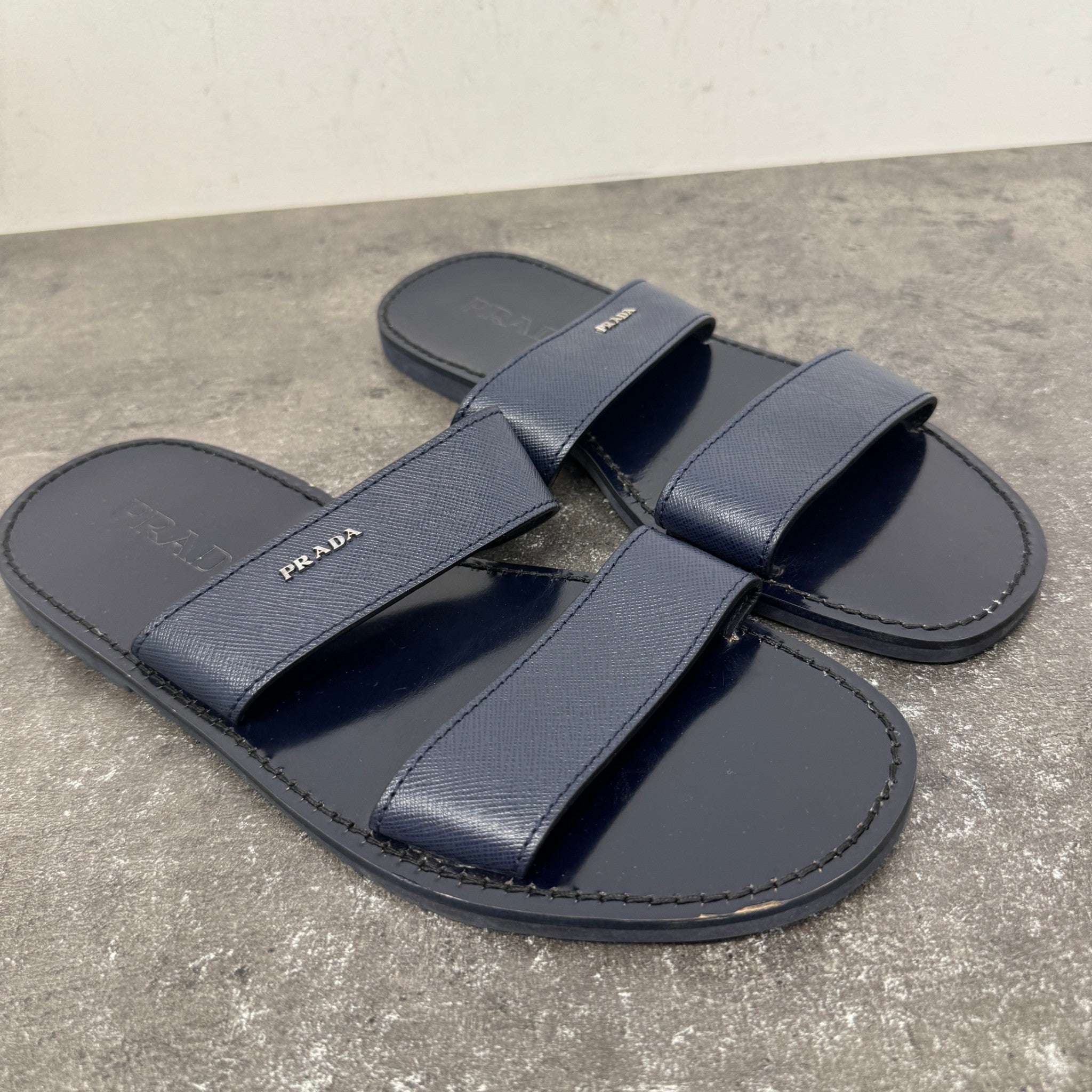 Men's Saffiano Plaque Logo Slides Navy Size EU 40 / UK 6