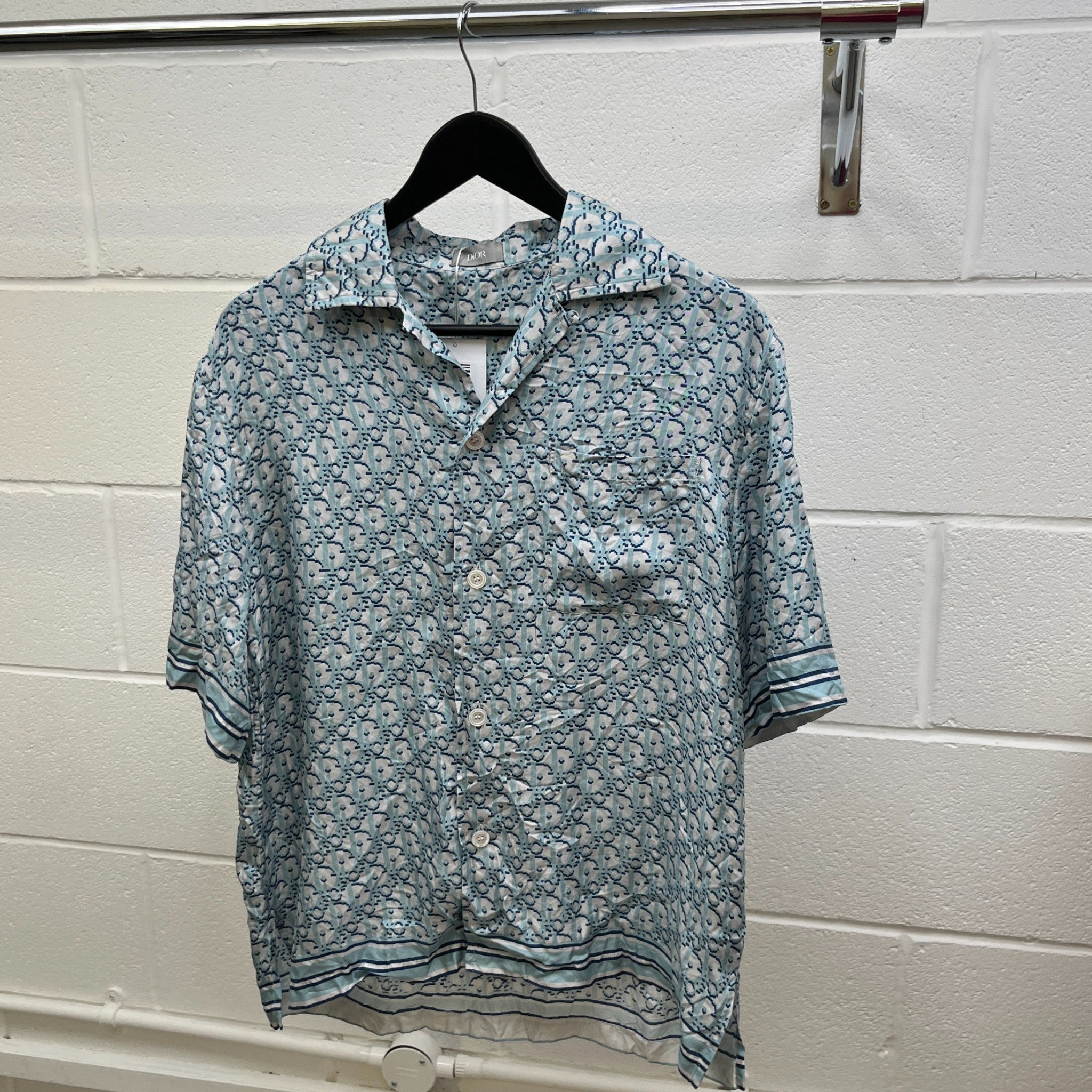 Men's Oblique Short Sleeve Shirt Blue Size M