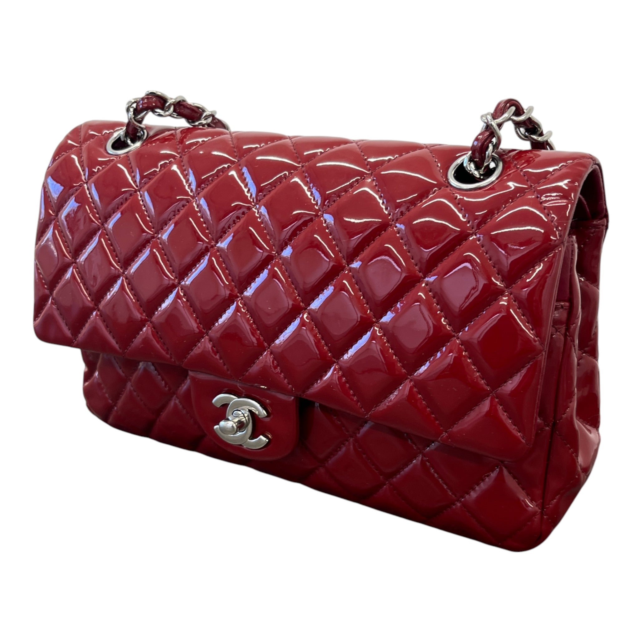 Women's Classic Double Flap Medium Patent Handbag Burgundy