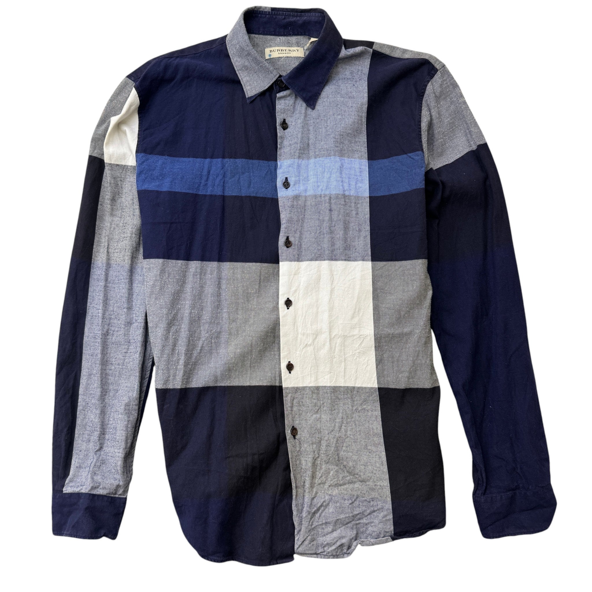 Men's Check Stretch Poplin Long Sleeve Shirt Navy Size M