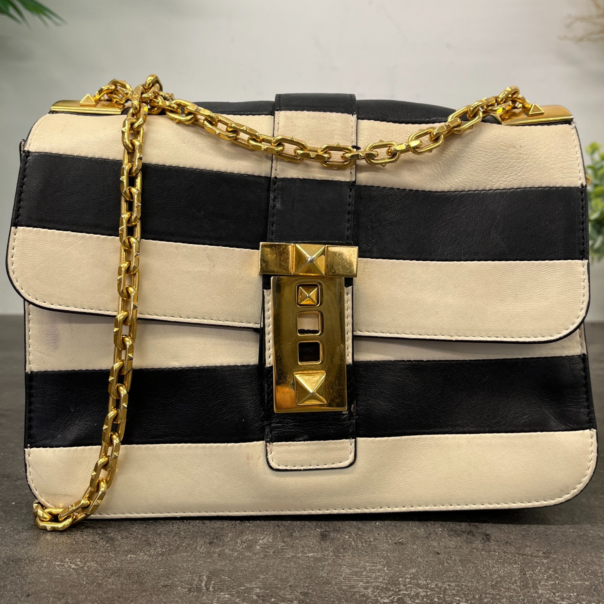 Women's B-Rockstud Striped Handbag White