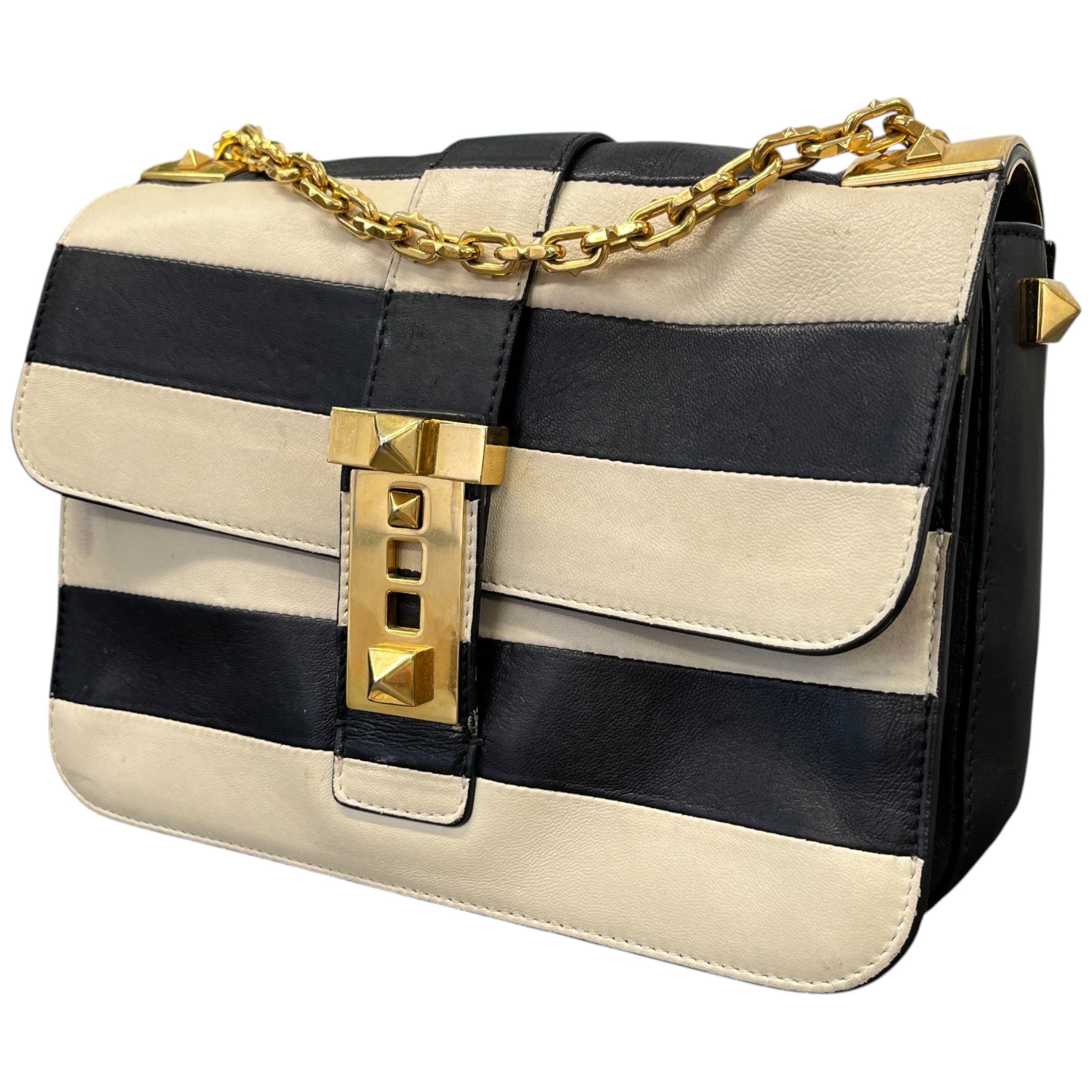 Women's B-Rockstud Striped Handbag White