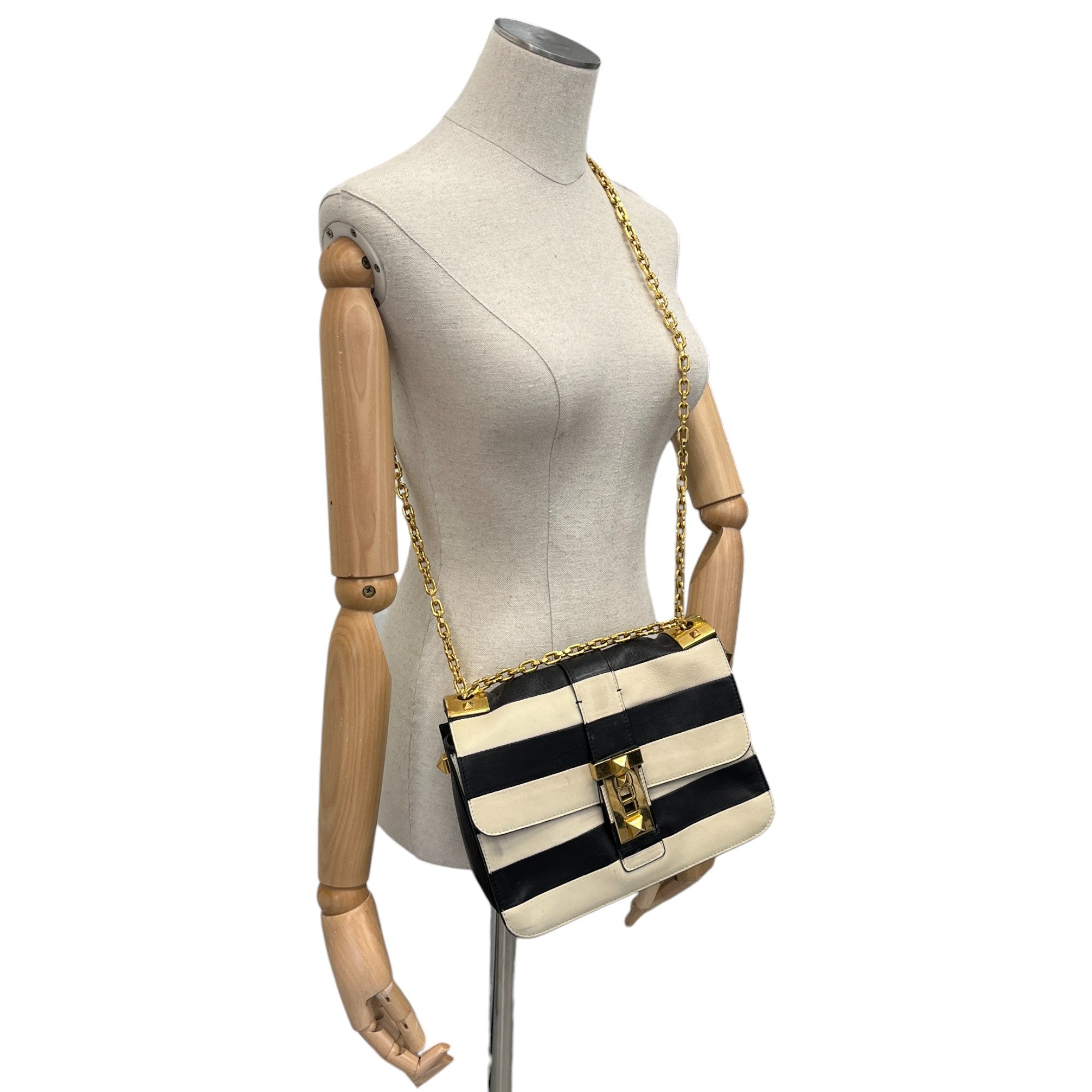 Women's B-Rockstud Striped Handbag White