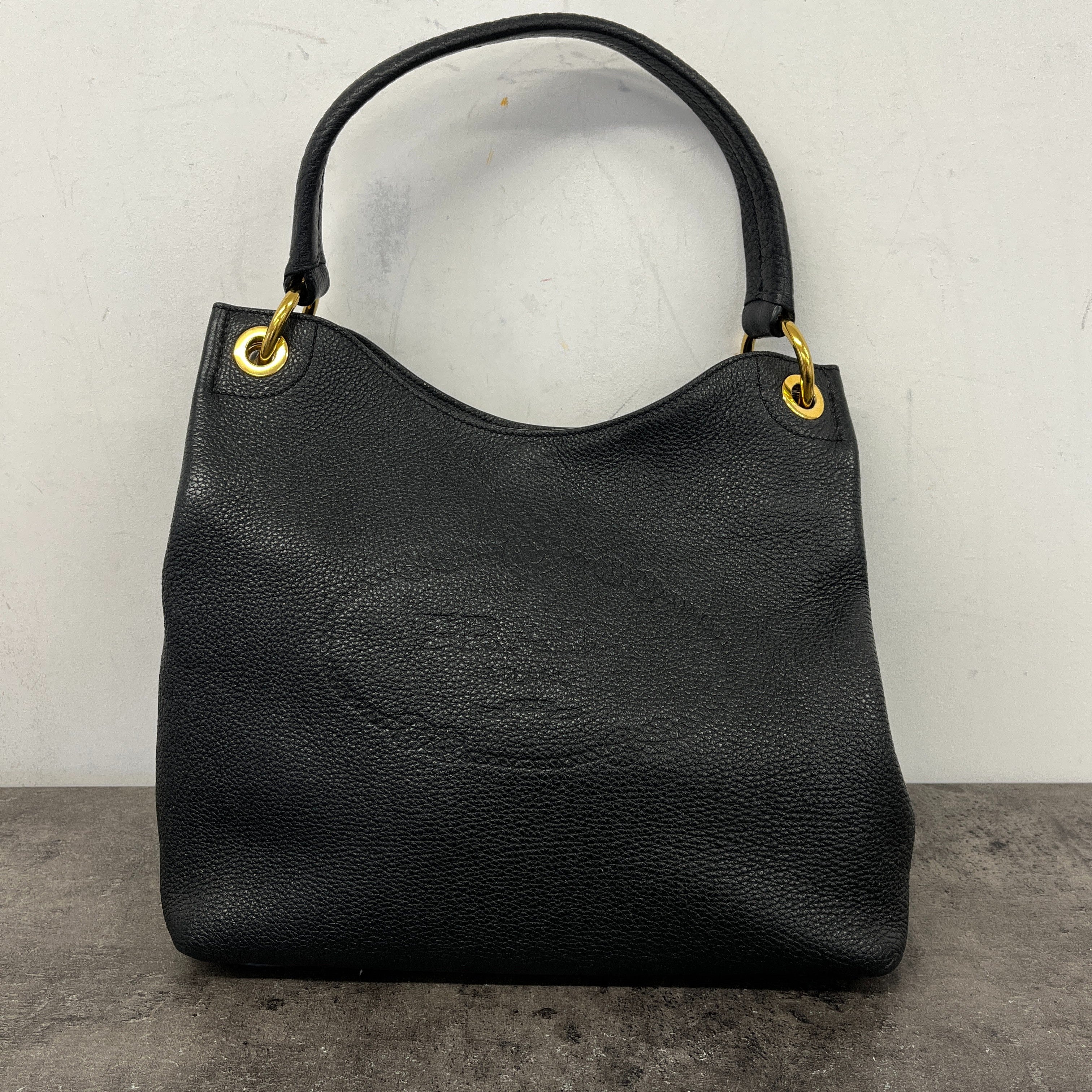 Women's Logo Embossed Vitello Daino Medium Handbag Black