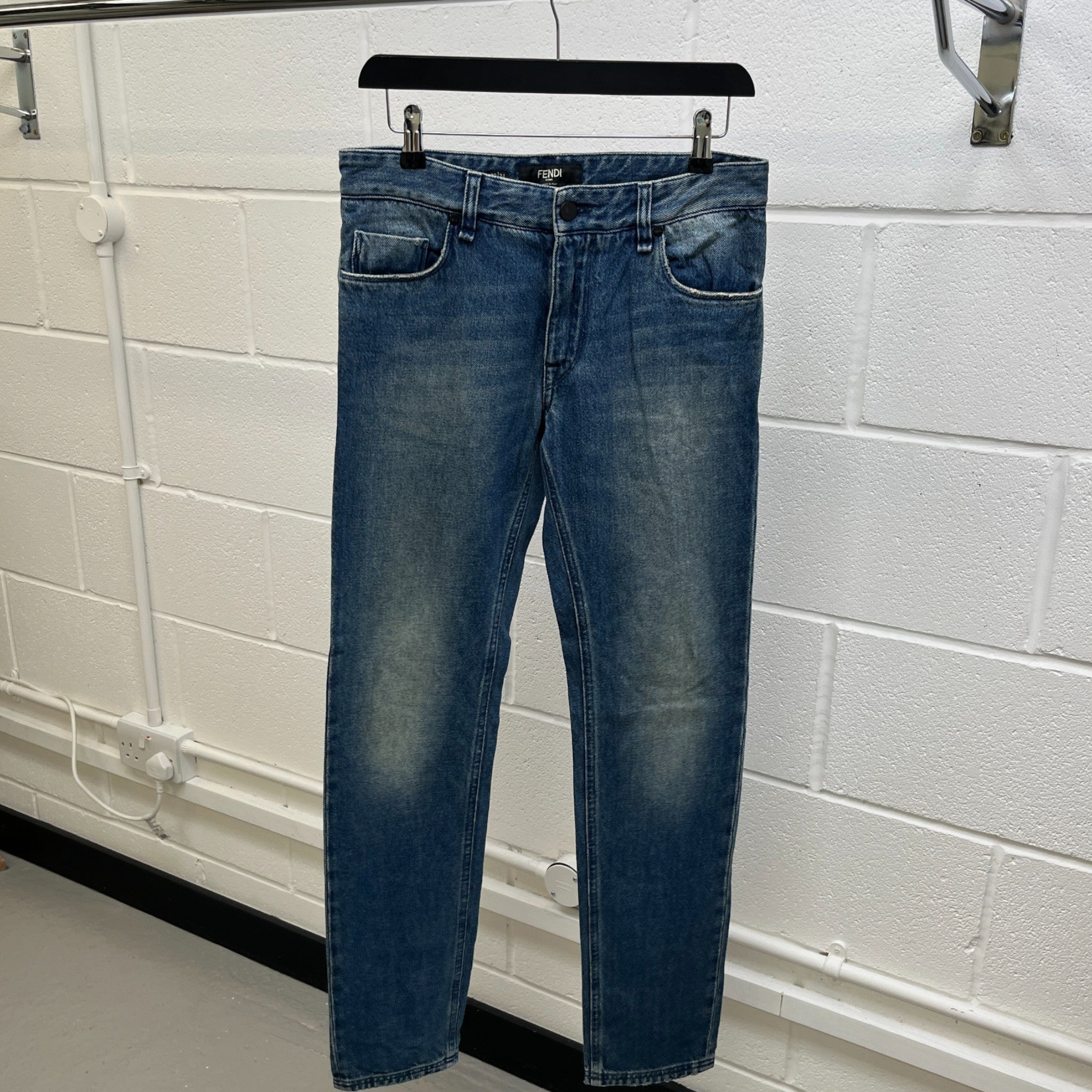 Men's Embroidered Logo Pocket Jeans Blue Size Waist 34"