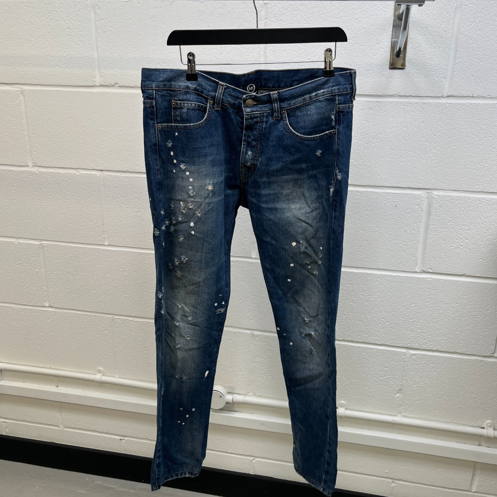 Men's Distressed Paint Splatter Jeans Blue Size Waist 32"