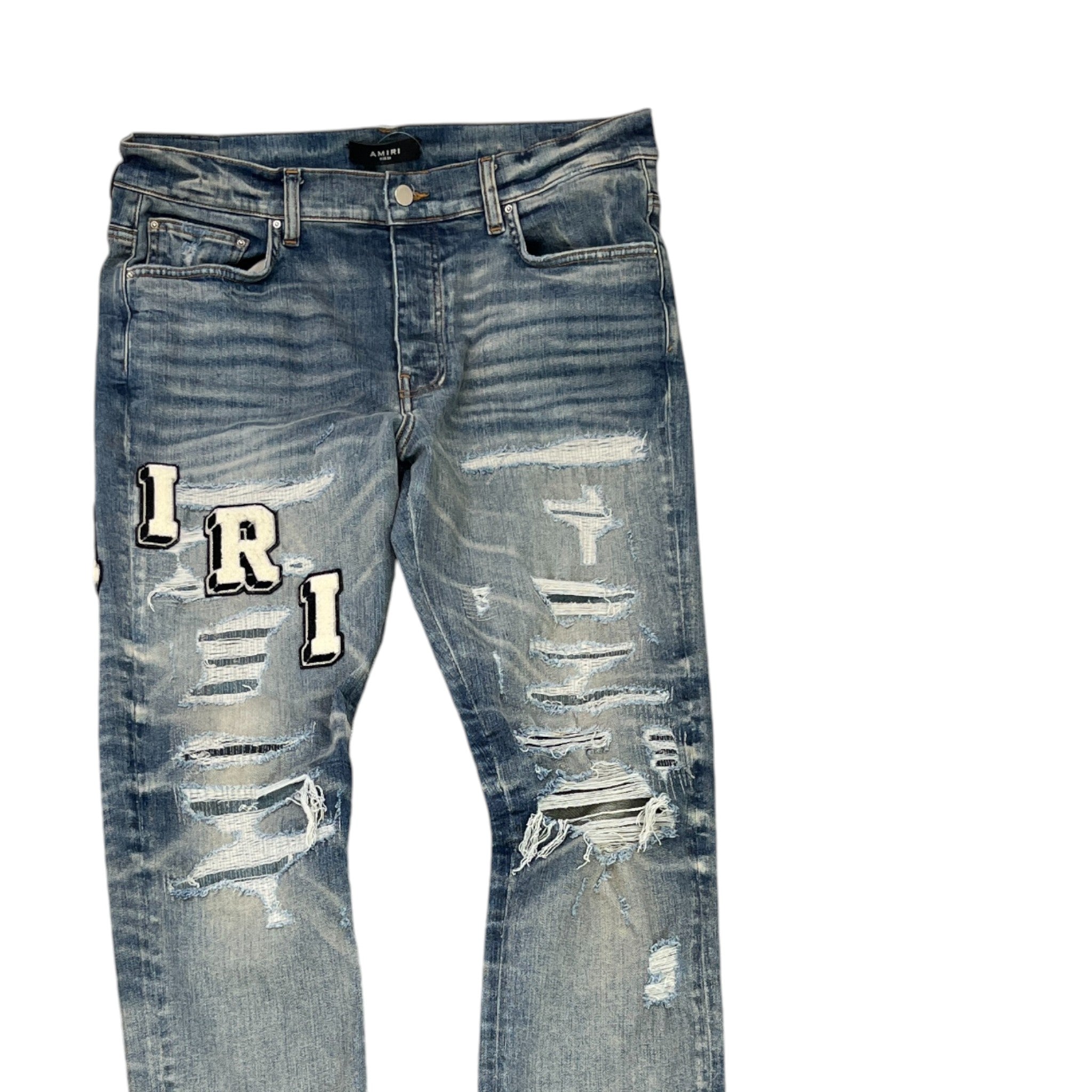 Men's Varsity Staggered Logo Jeans Blue Size Waist 36"