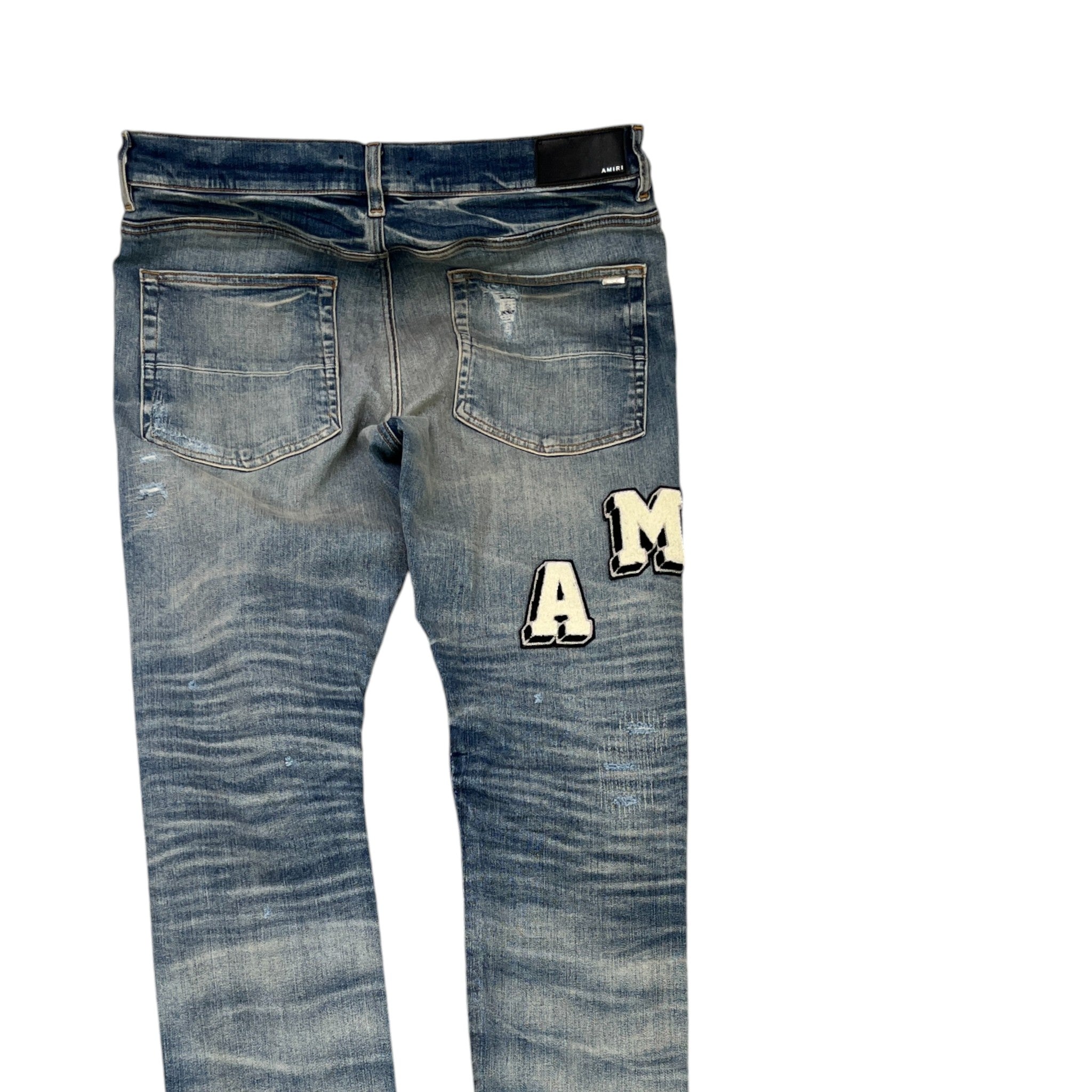 Men's Varsity Staggered Logo Jeans Blue Size Waist 36"