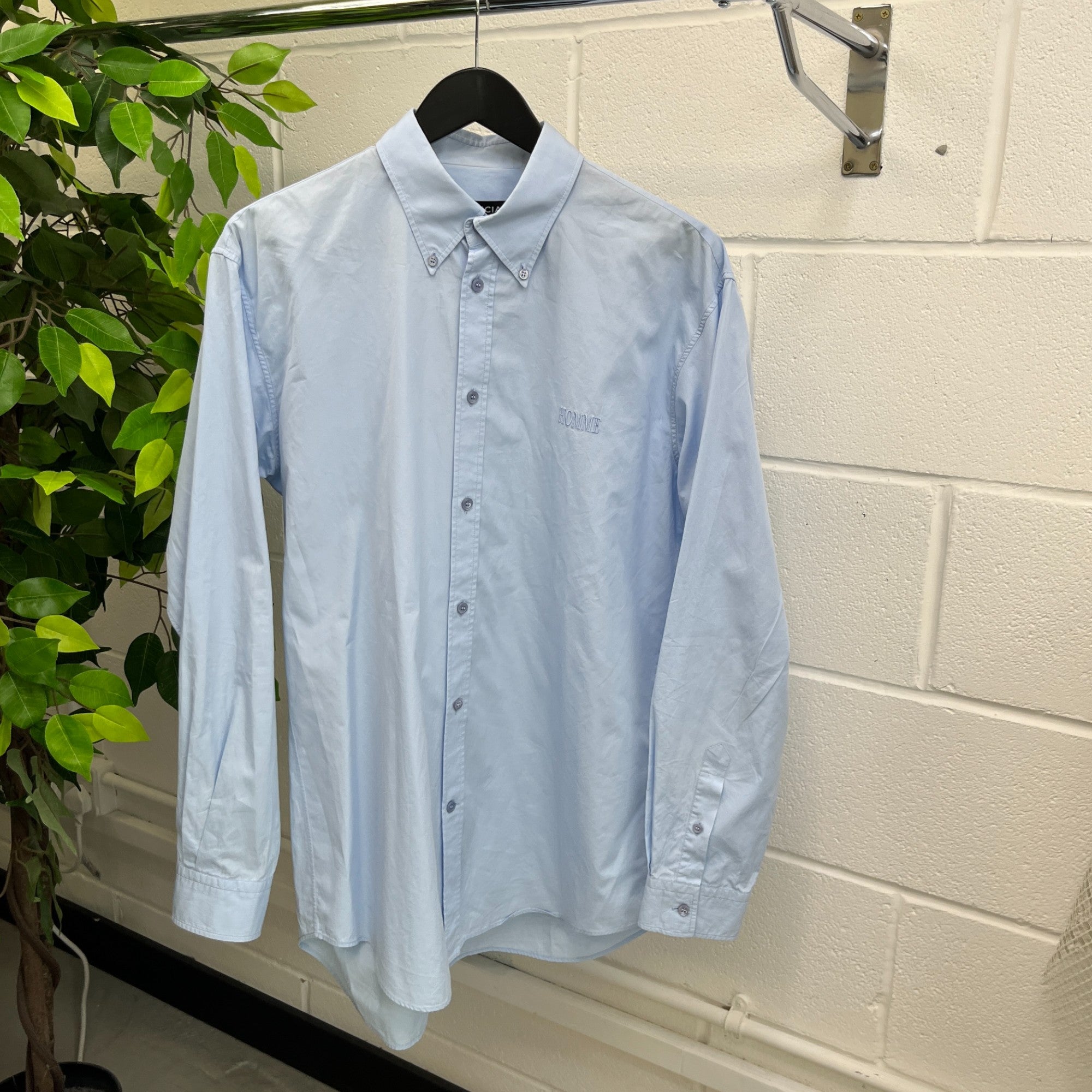 Men's Embroidered Homme Logo Long Sleeve Shirt Blue Size M