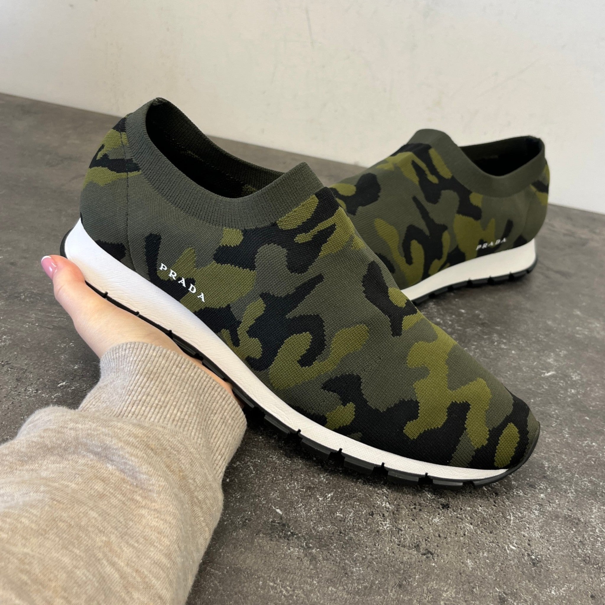 Men's Camouflage Print Knit Slip On Low Trainers Green Size EU 42 / UK 8