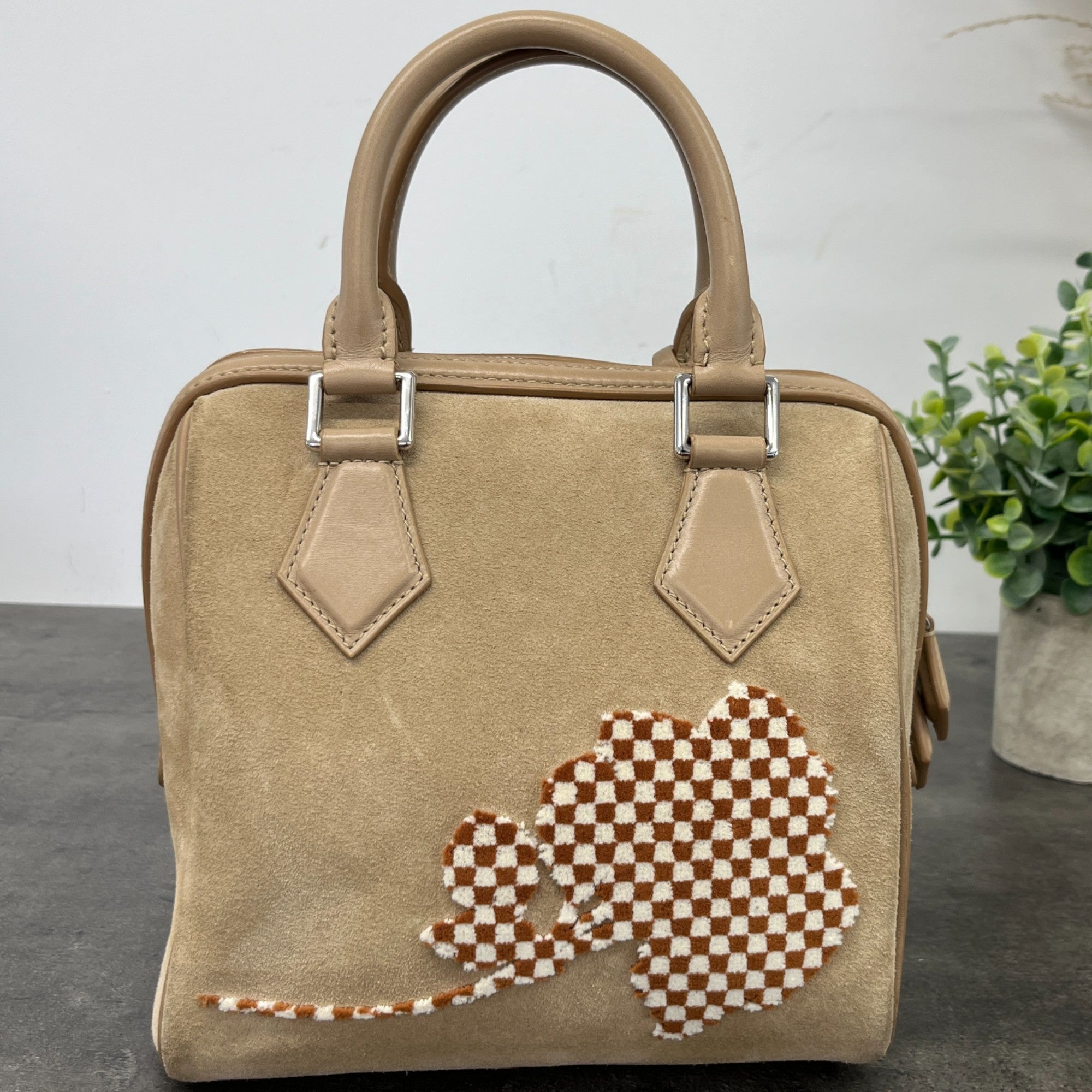 Women's Suede Cubic Illusion Fleur Speed Bag Beige