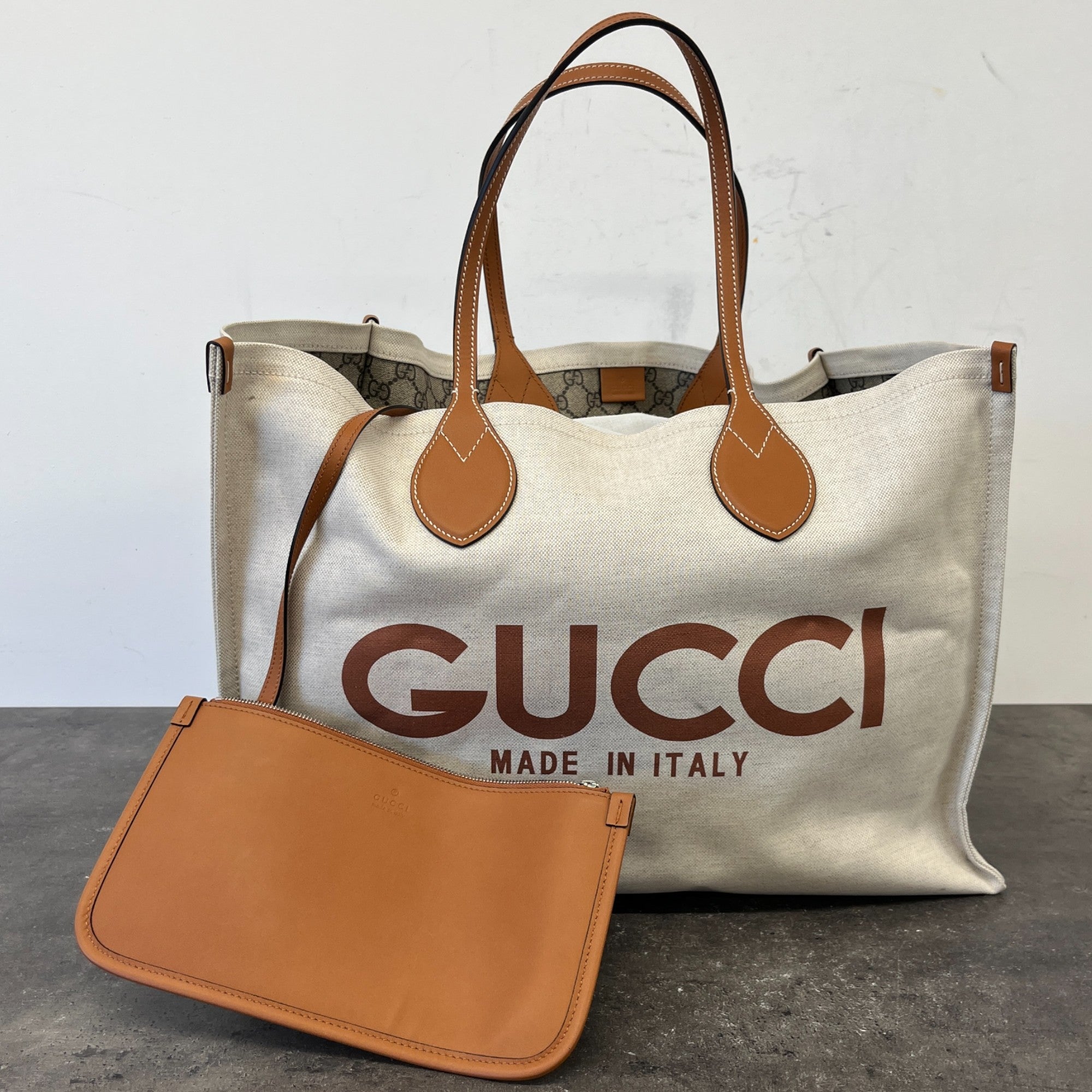 Women's Reversible Logo Print Canvas Handbag Beige