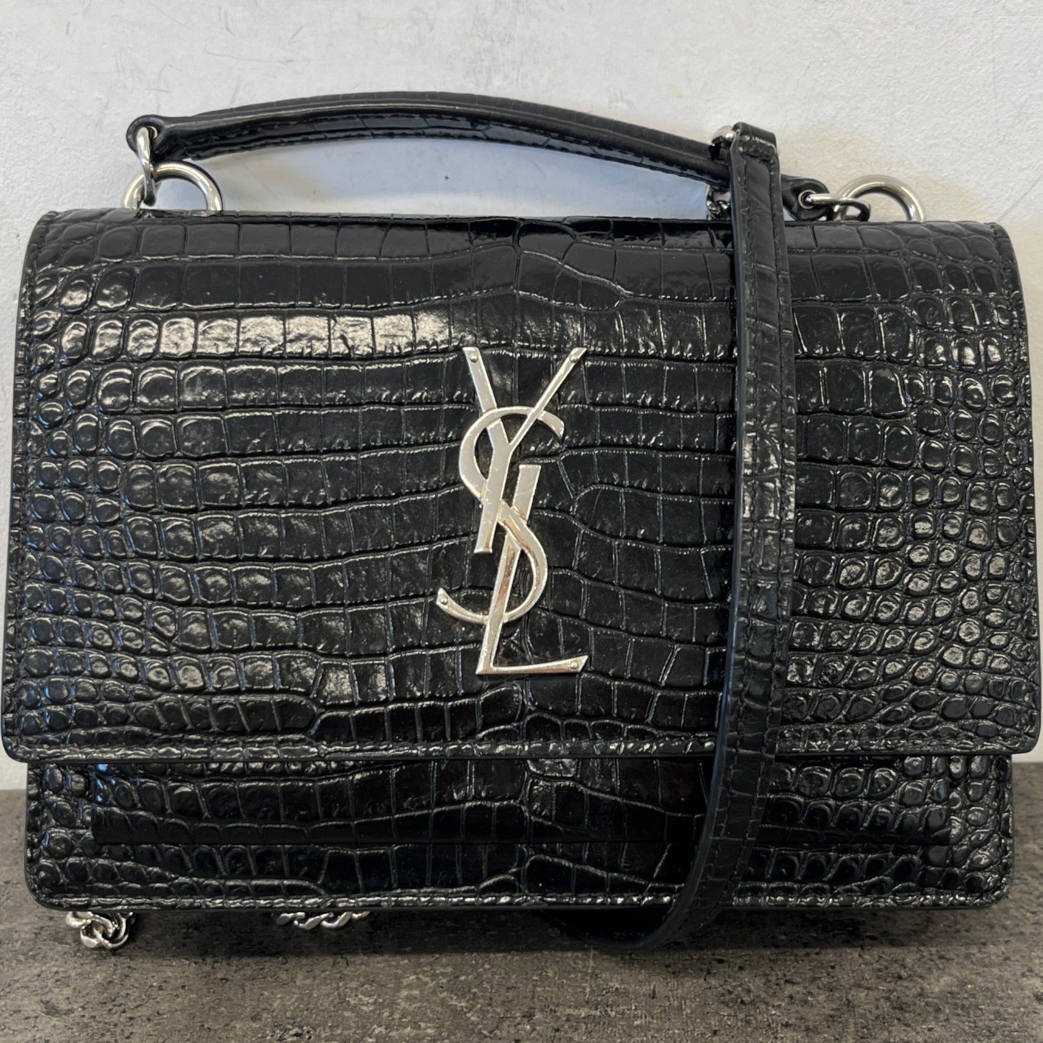 Women's Sunset Small Crocodile Embossed Leather Bag Black