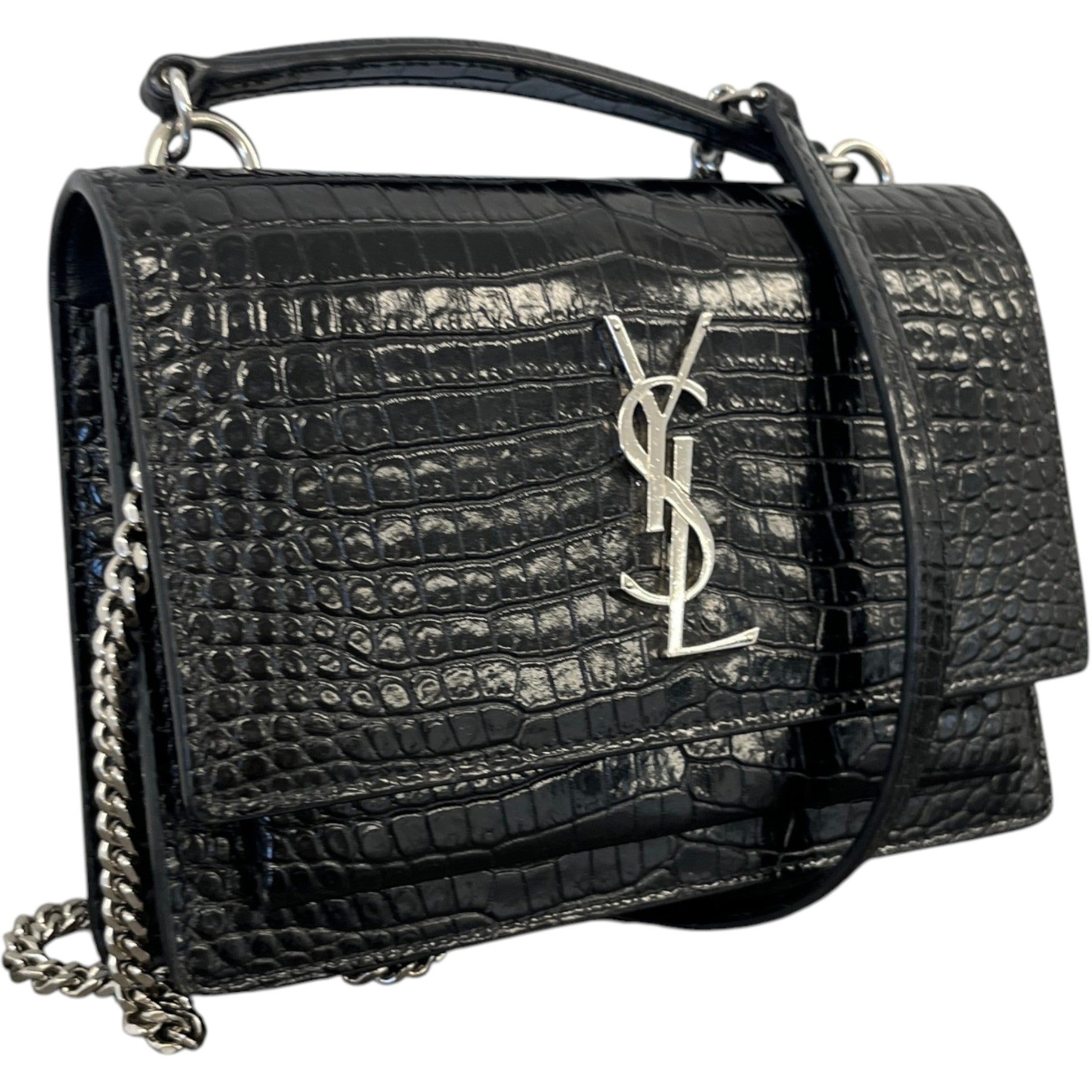 Women's Sunset Small Crocodile Embossed Leather Bag Black