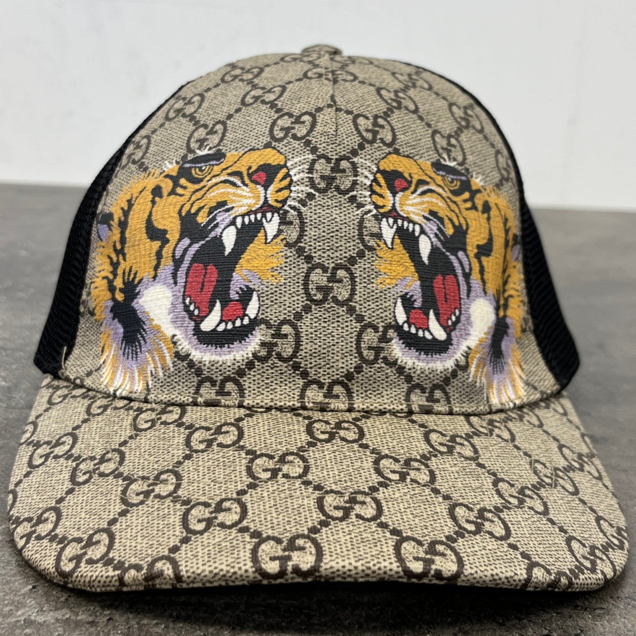Men's Tiger Print Gg Supreme Baseball Cap Beige Size L