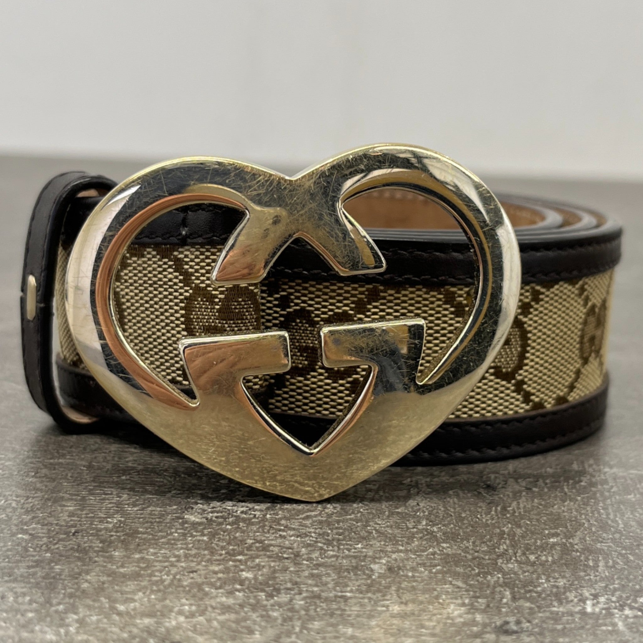 Women's Gg Canvas Heart Buckle Belt Brown