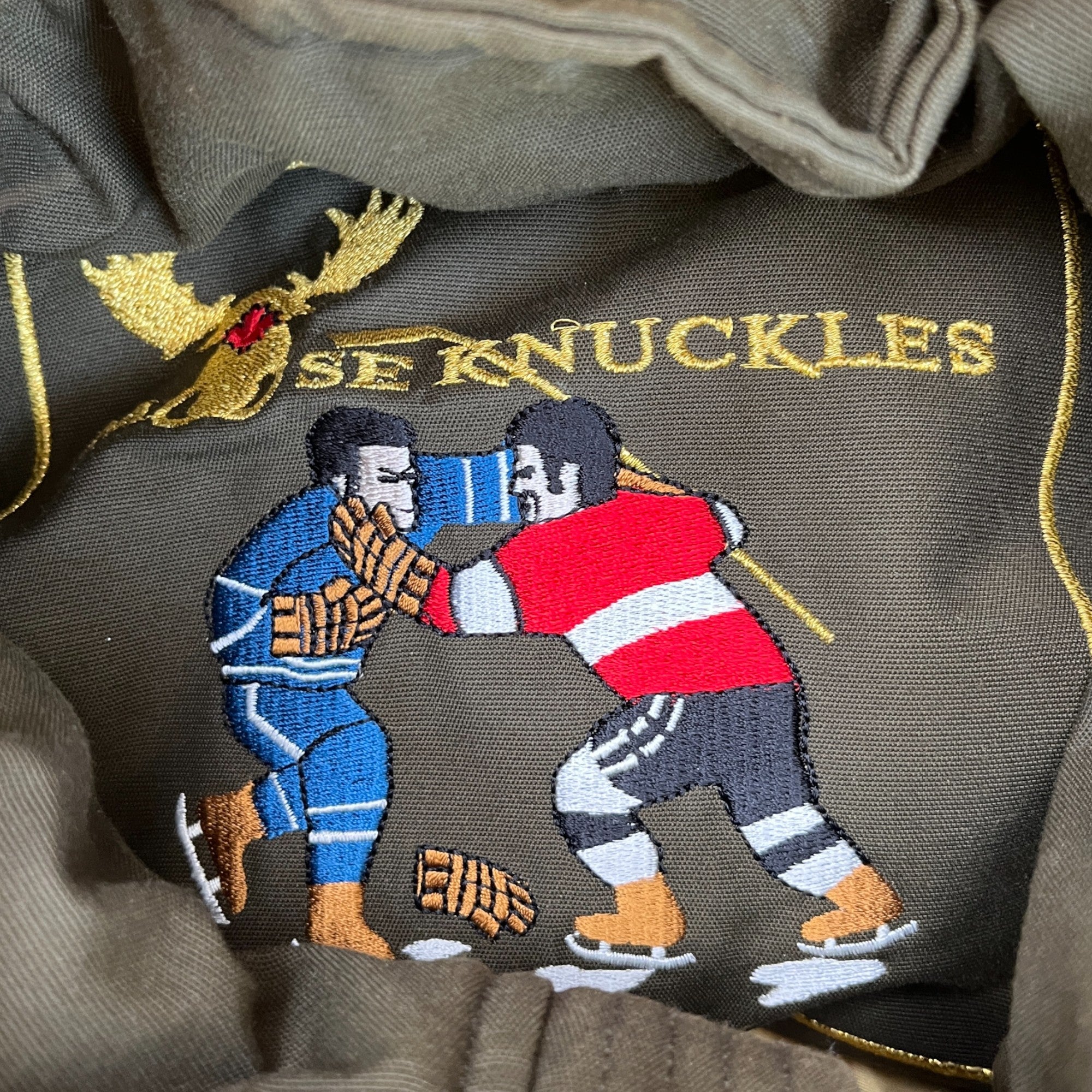 Men's Fur-Trimmed Plaque Logo Down Jacket Khaki Size L