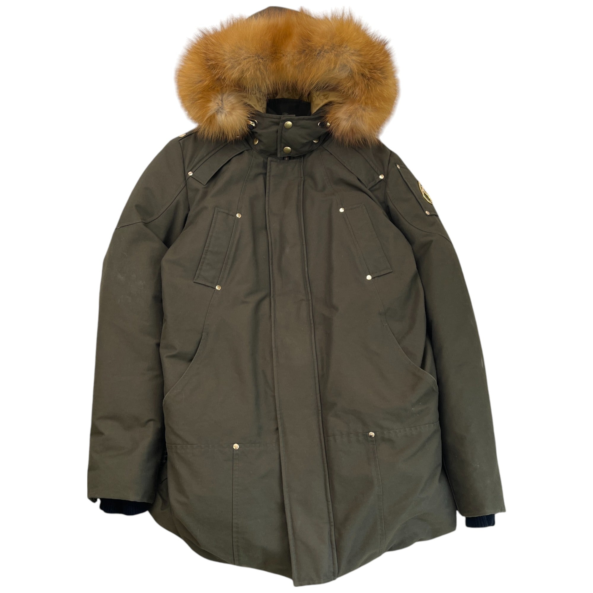 Men's Fur-Trimmed Plaque Logo Down Jacket Khaki Size L