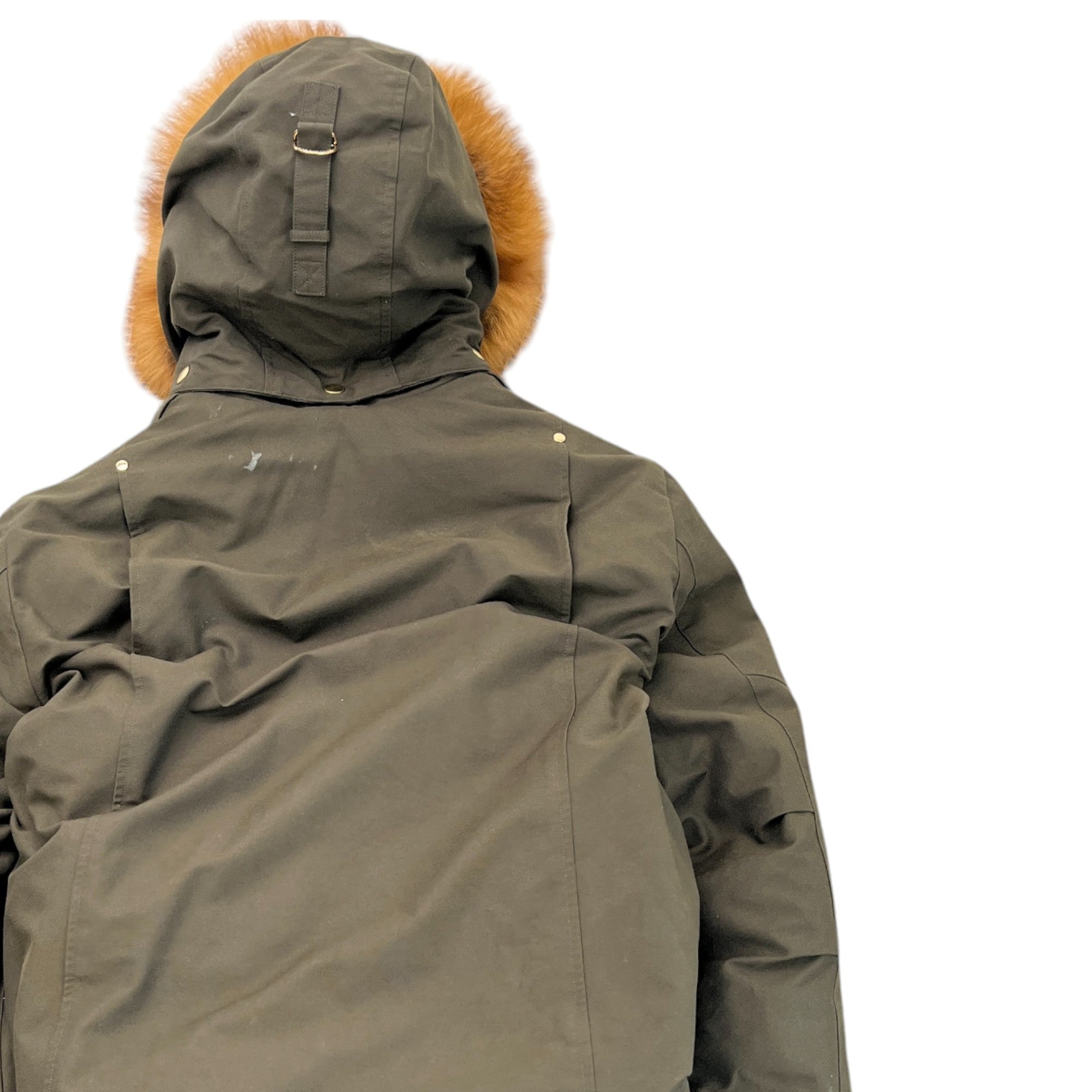 Men's Fur-Trimmed Plaque Logo Down Jacket Khaki Size L