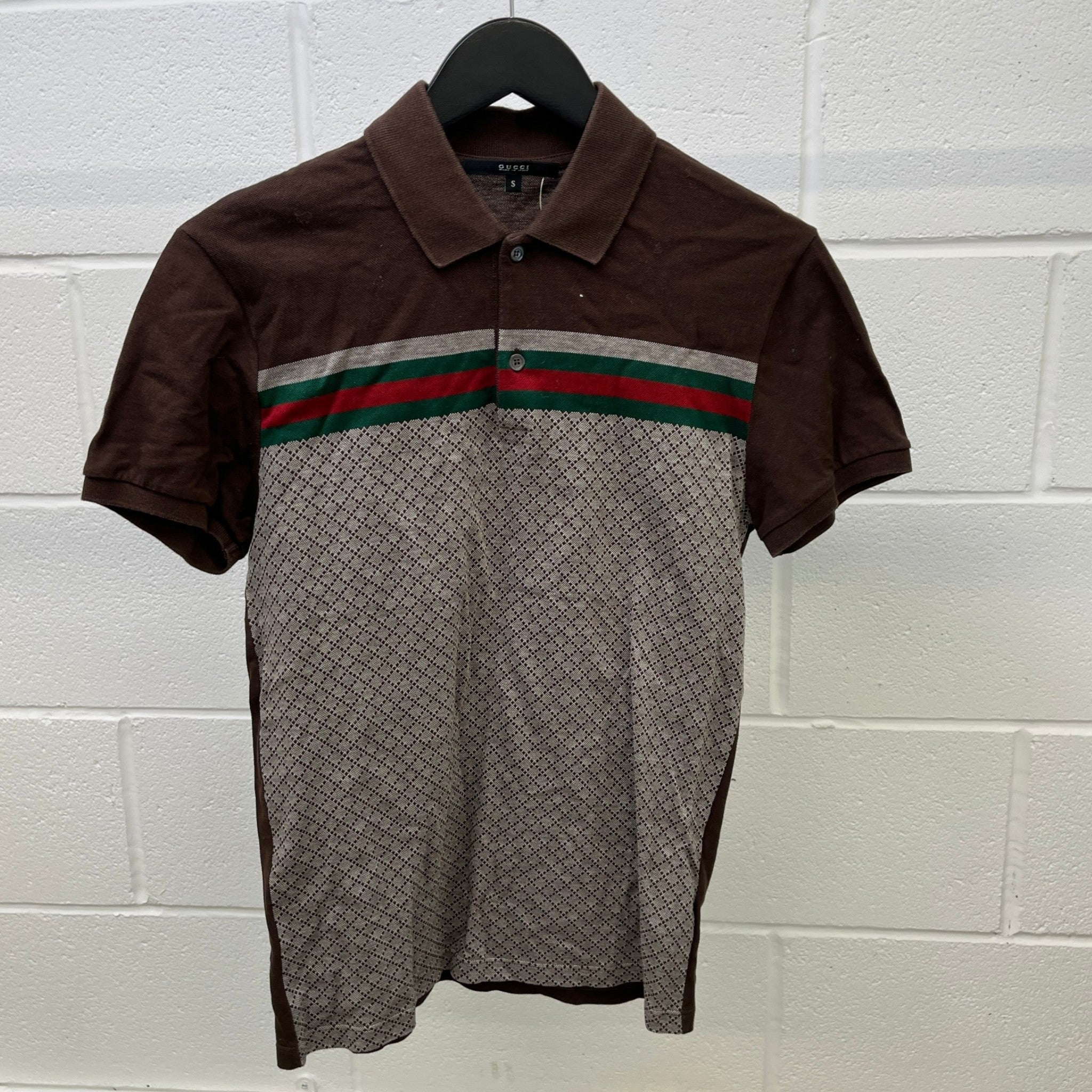 Men's Web Strip Polo Shirt Brown Size S