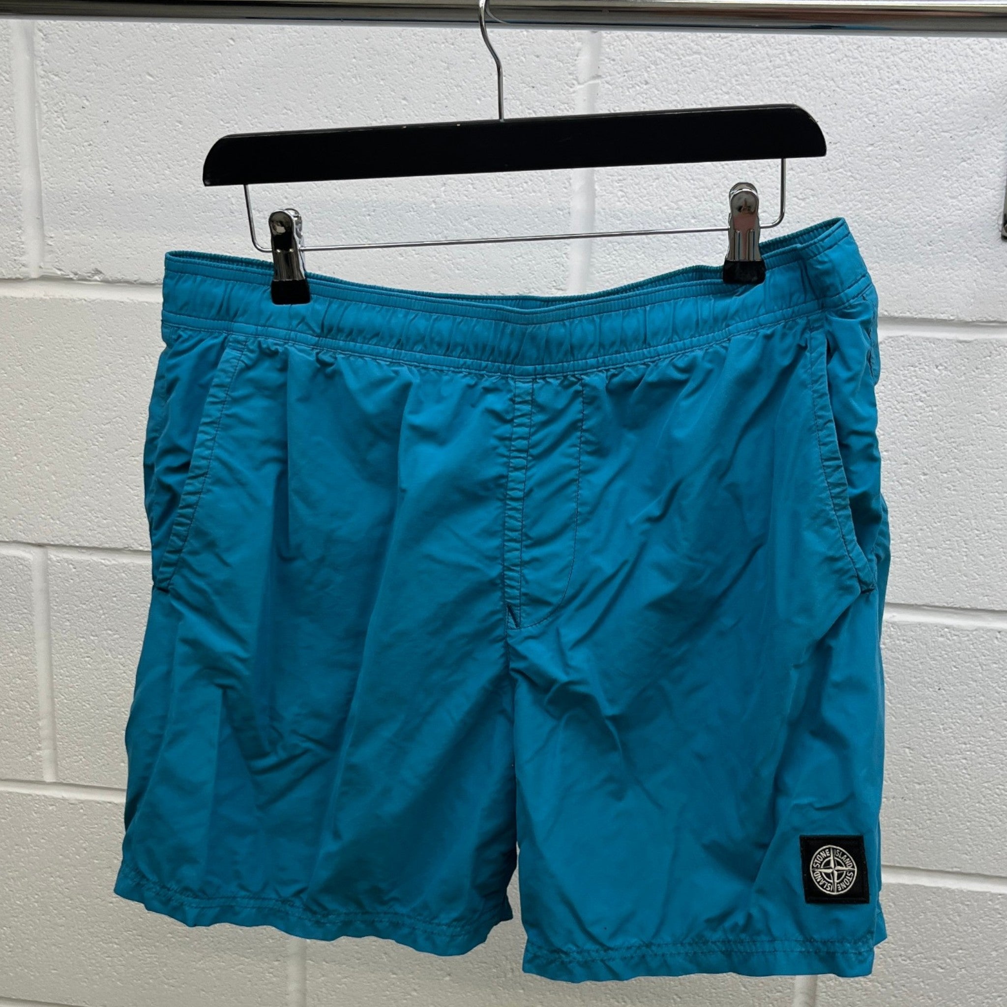 Men's Nylon Metal Compass Logo Swim Shorts Blue Size L