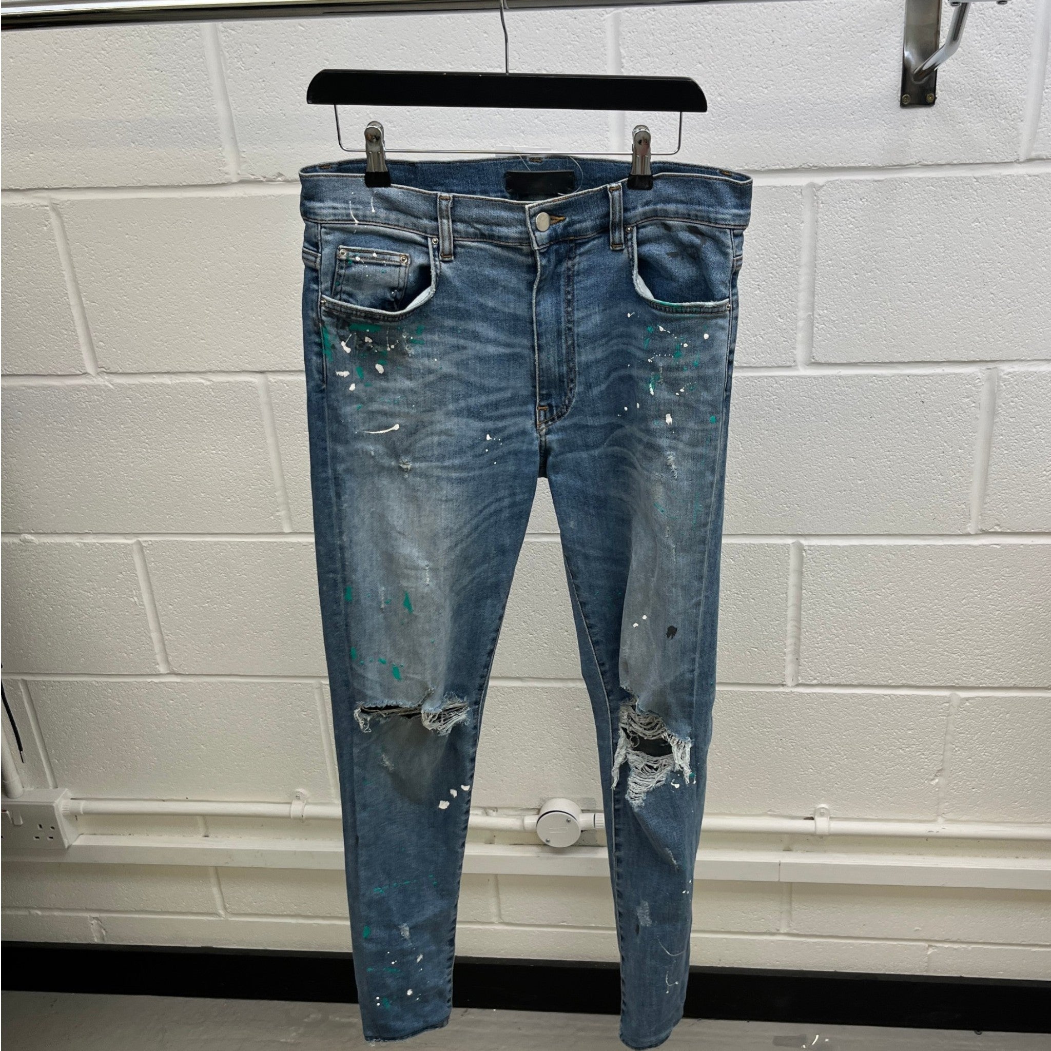 Men's Distressed Paint Splatter Jeans Blue Size Waist 34"