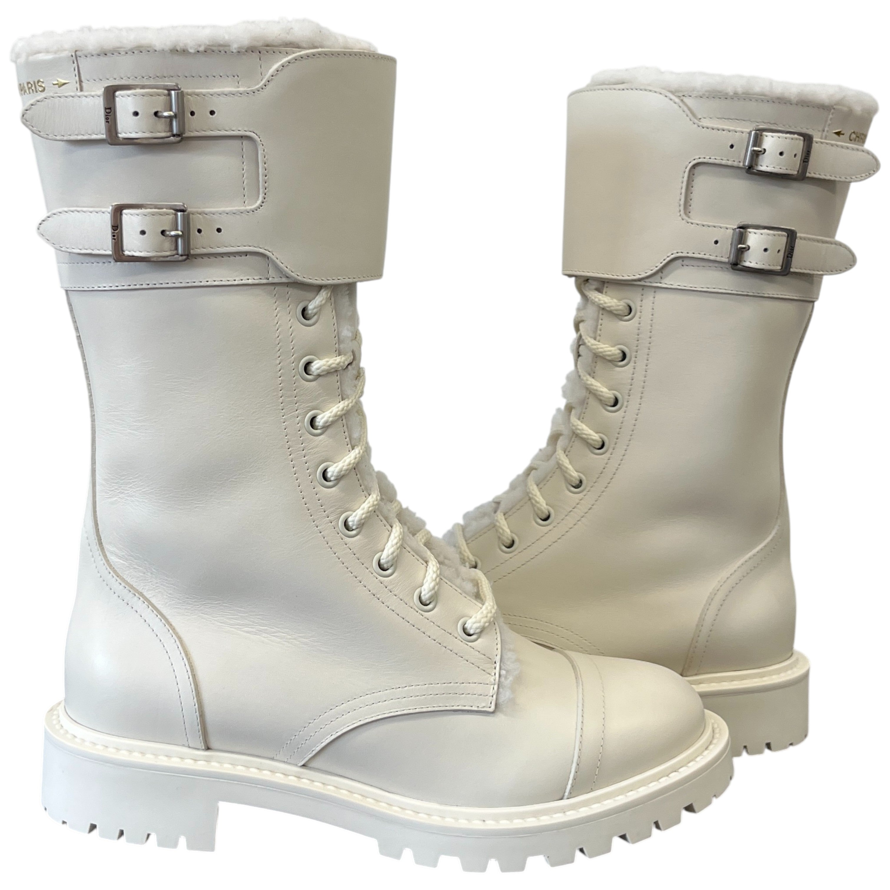 Women's Shearling Lining Combat Boots Cream Size EU 37 / UK 4