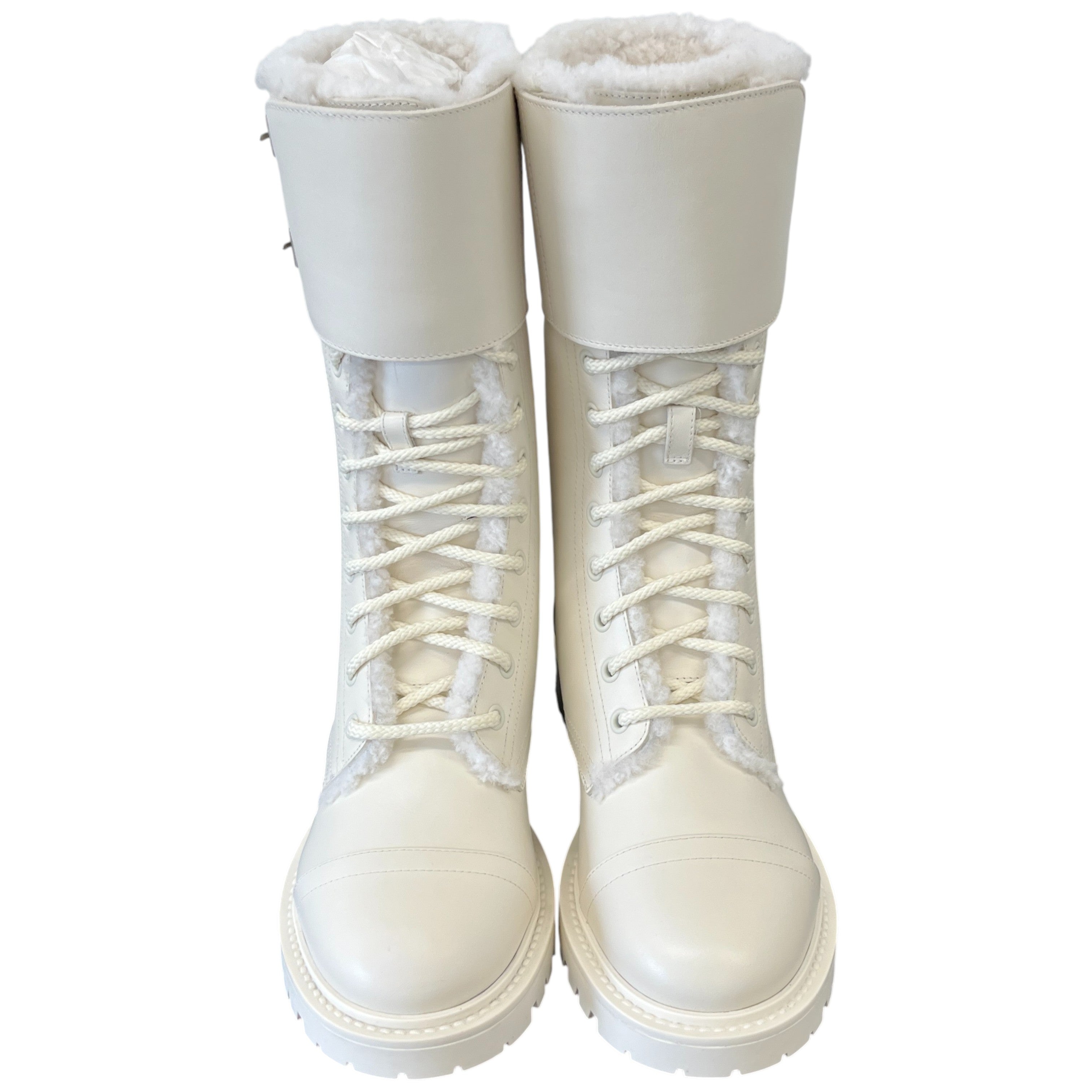 Women's Shearling Lining Combat Boots Cream Size EU 37 / UK 4