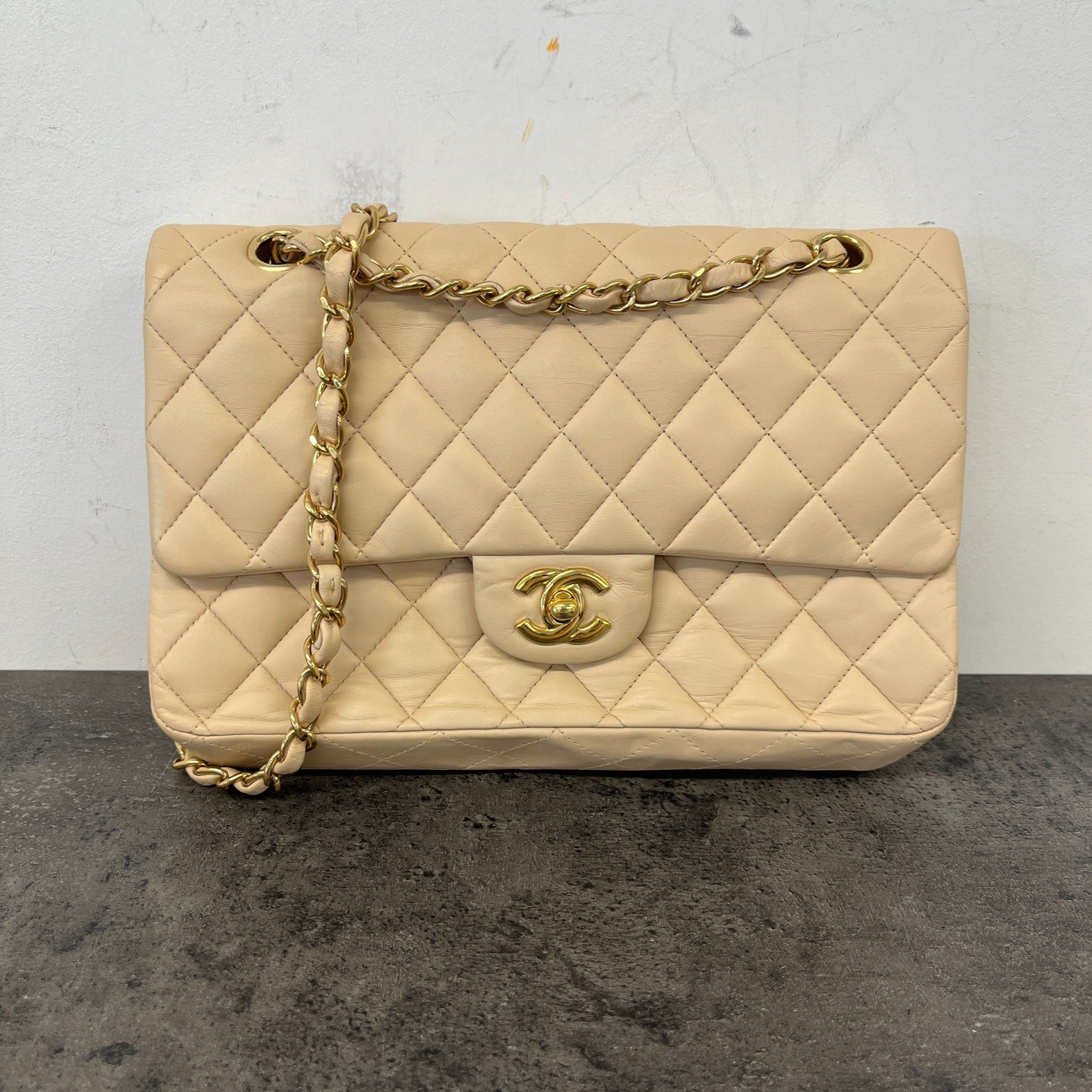 Women's Classic Double Flap Medium Lambskin Handbag Beige