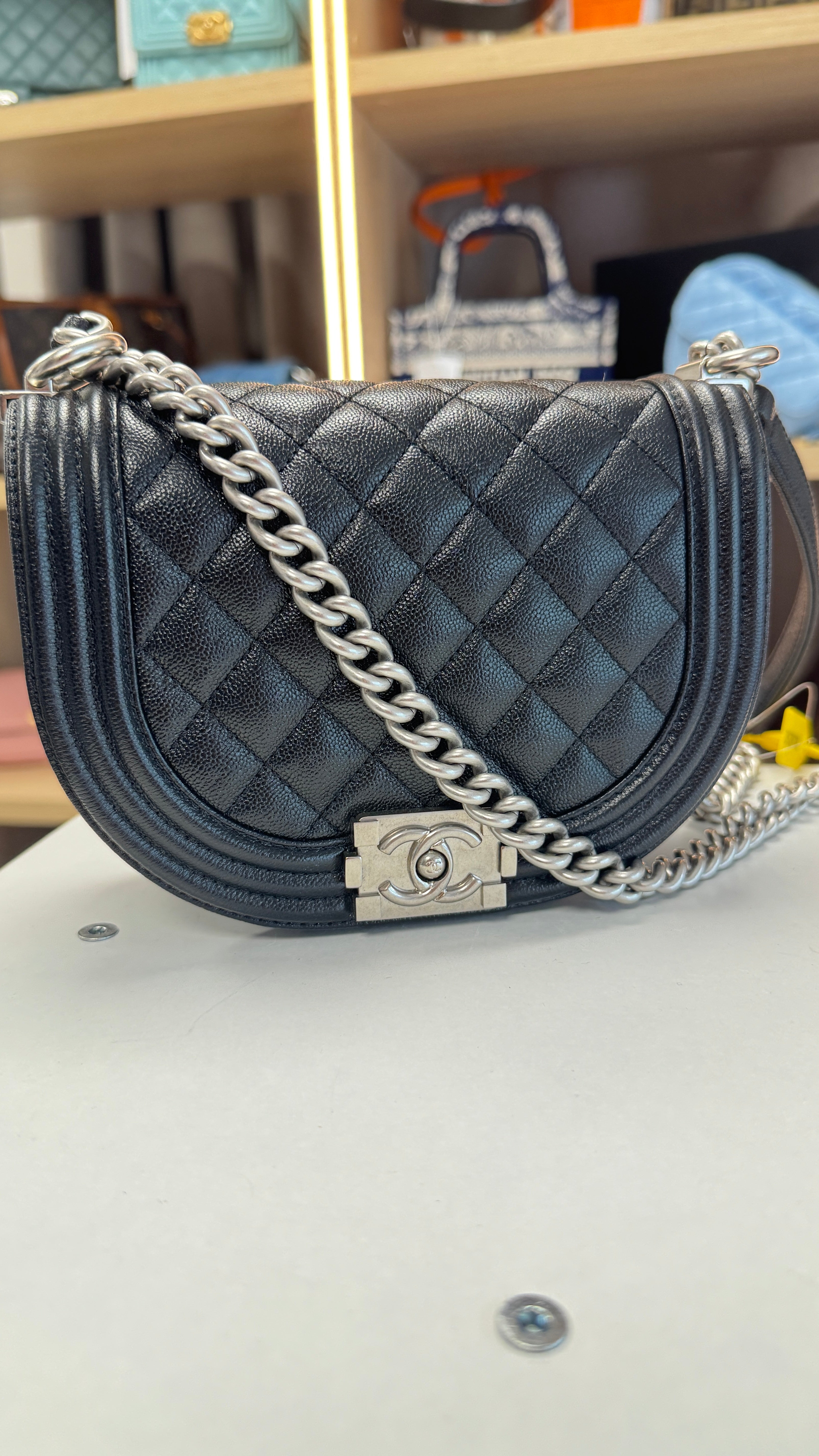 Women's Caviar Quilted Small Boy Messenger Bag Black