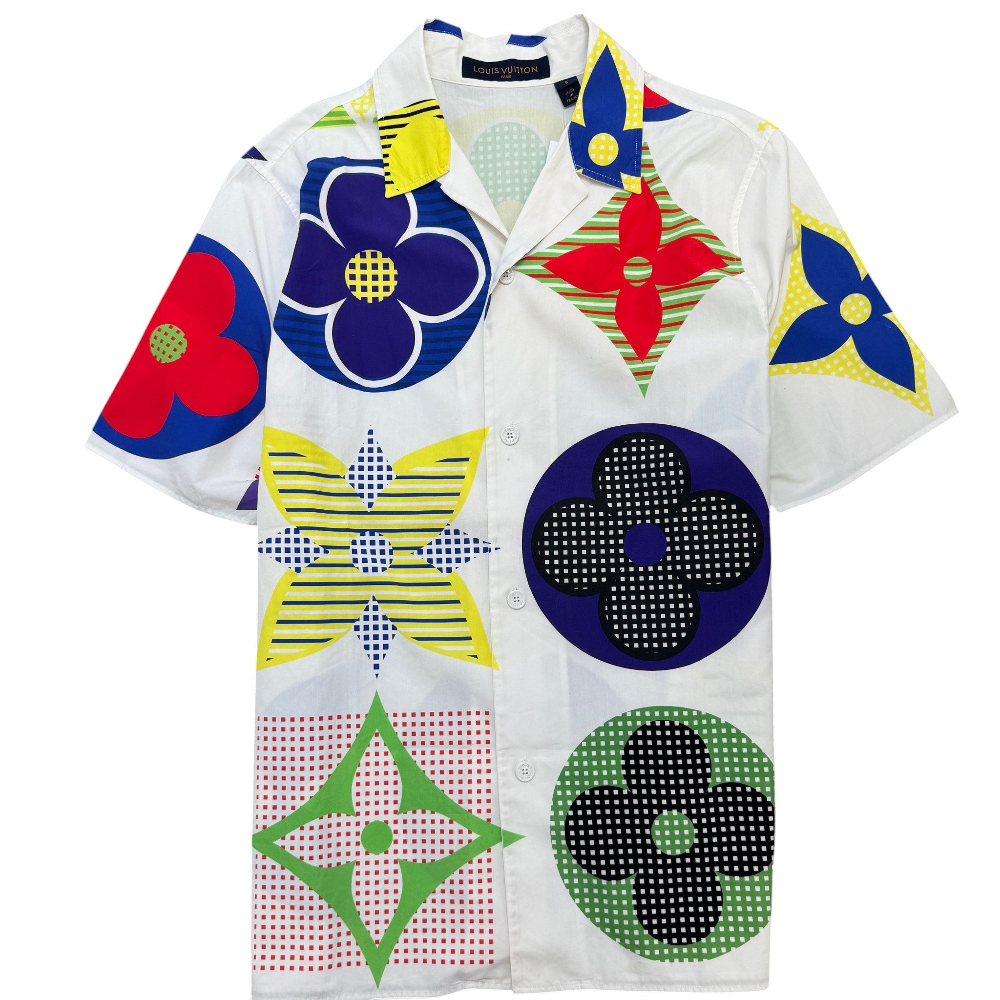 Men's Multicolor Flower Monogram Short Sleeve Shirt White Size S