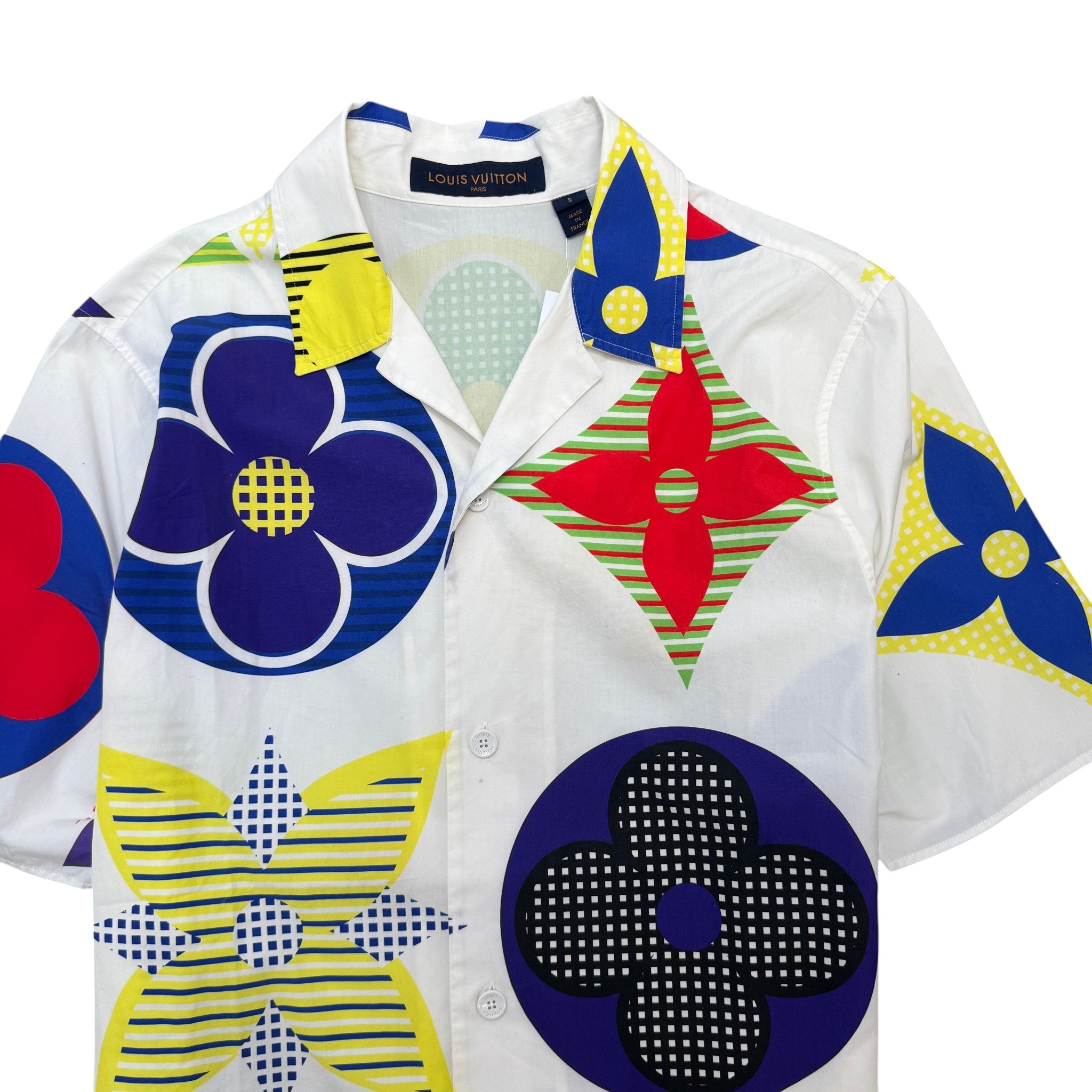 Men's Multicolor Flower Monogram Short Sleeve Shirt White Size S