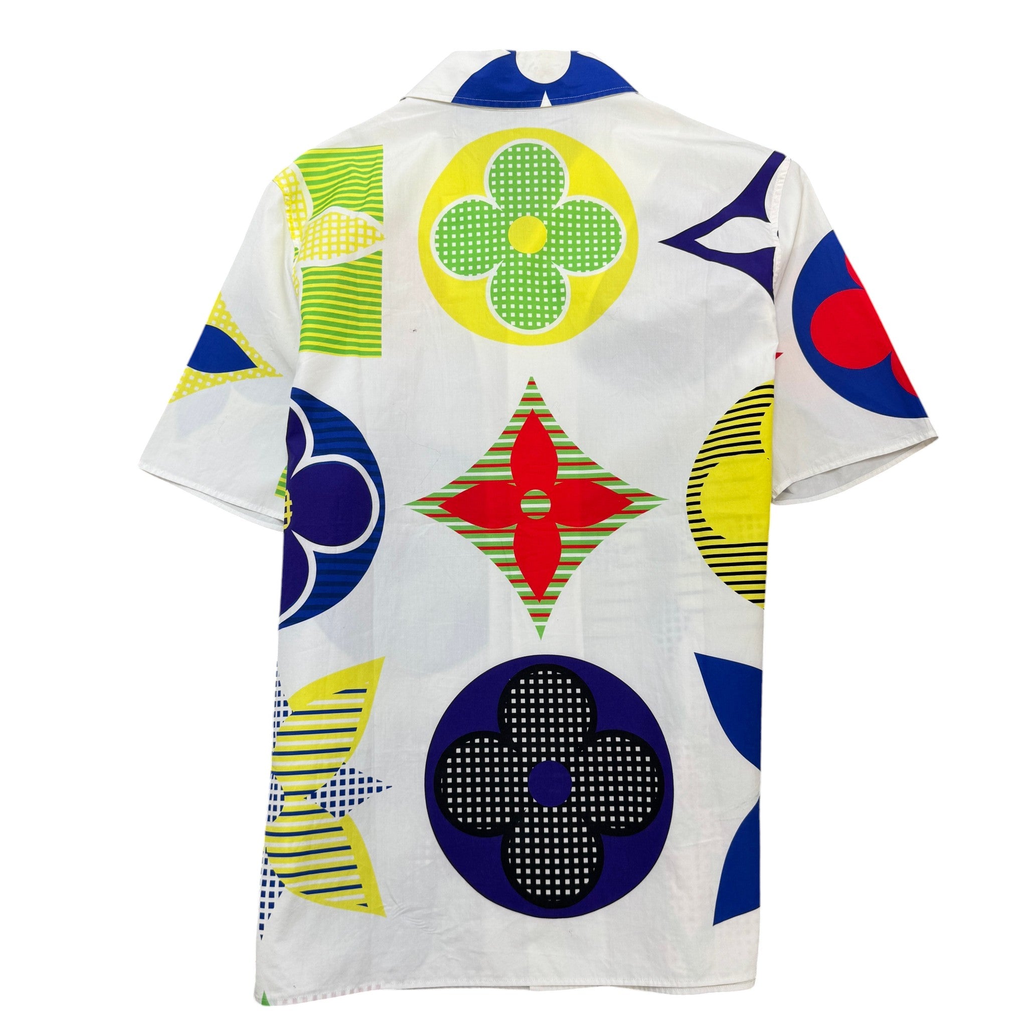 Men's Multicolor Flower Monogram Short Sleeve Shirt White Size S