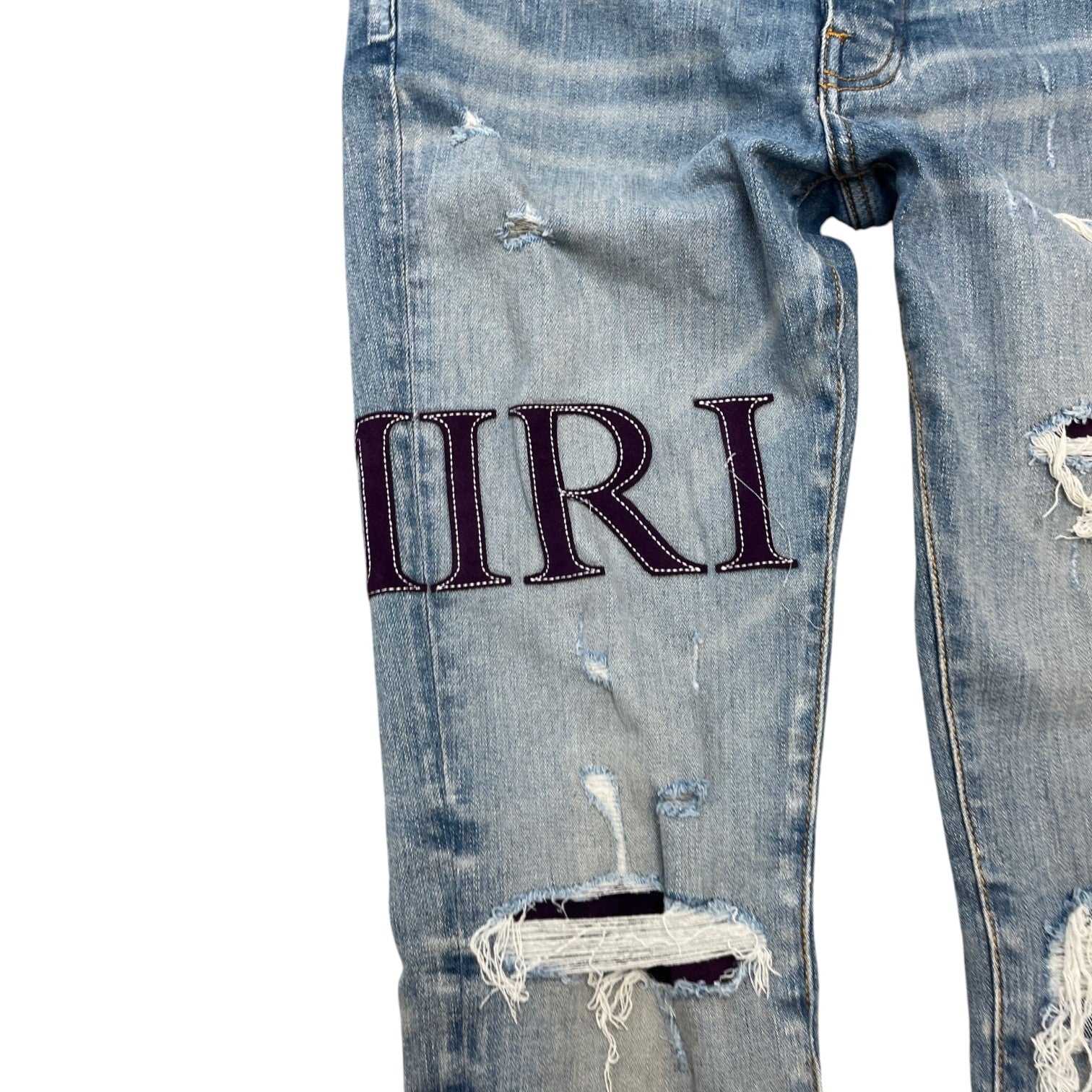 Men's Logo Print Distressed Jeans Blue Size Waist 30"